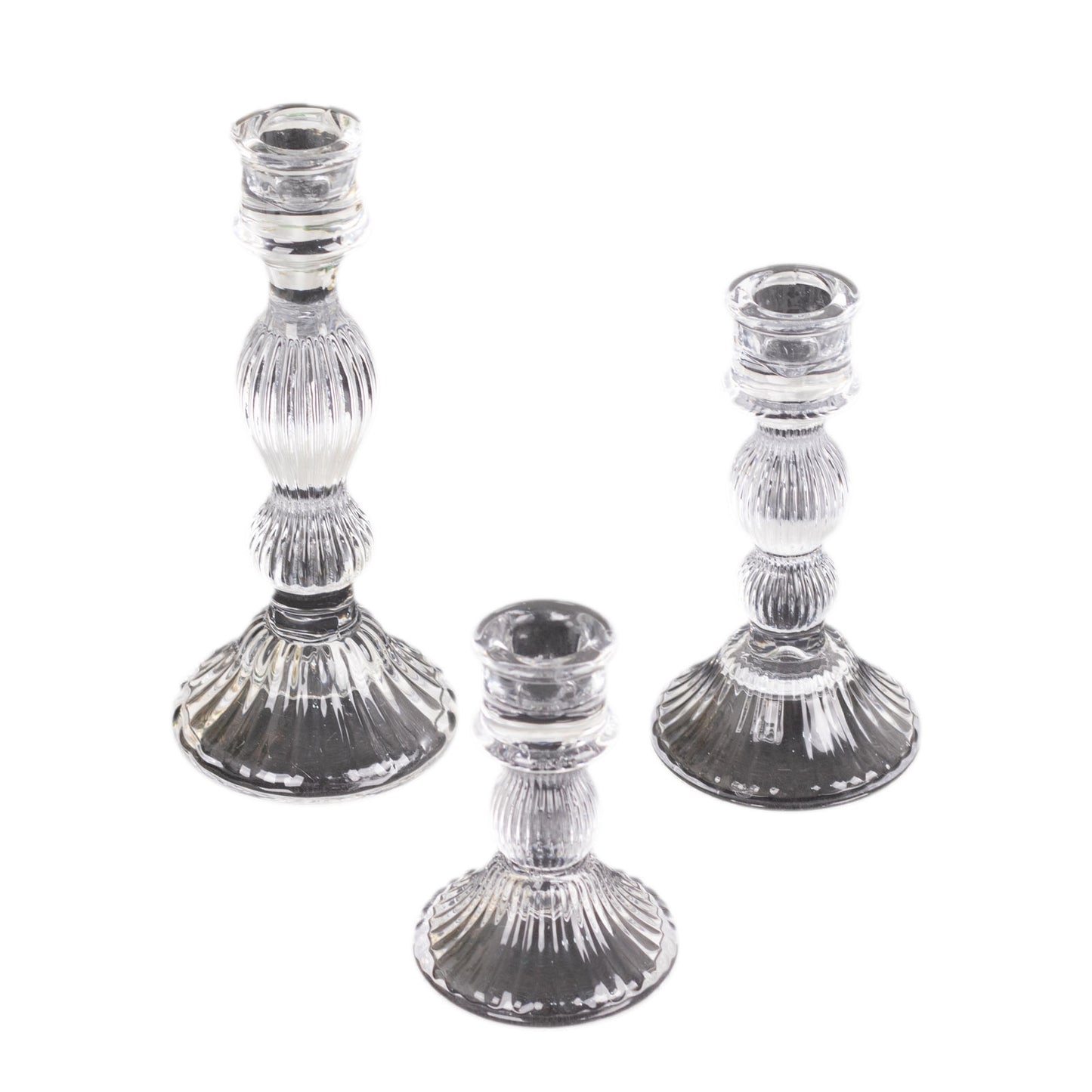 Set of 3 Clear Ribbed Glass Taper Candlestick Holders, Fluted Crystal Candle Stands - 4", 6", 8"