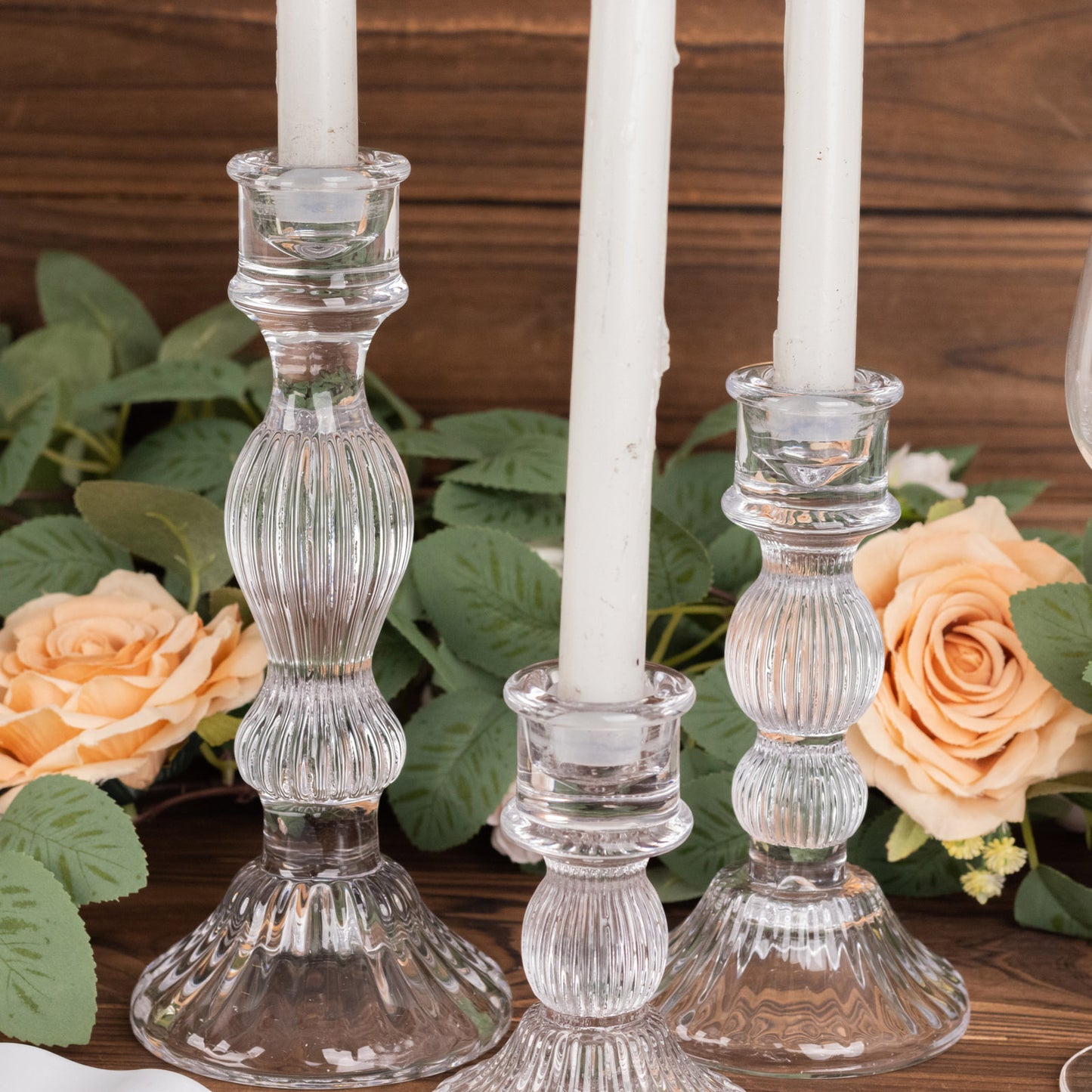 Set of 3 Clear Ribbed Glass Taper Candlestick Holders, Fluted Crystal Candle Stands - 4", 6", 8"