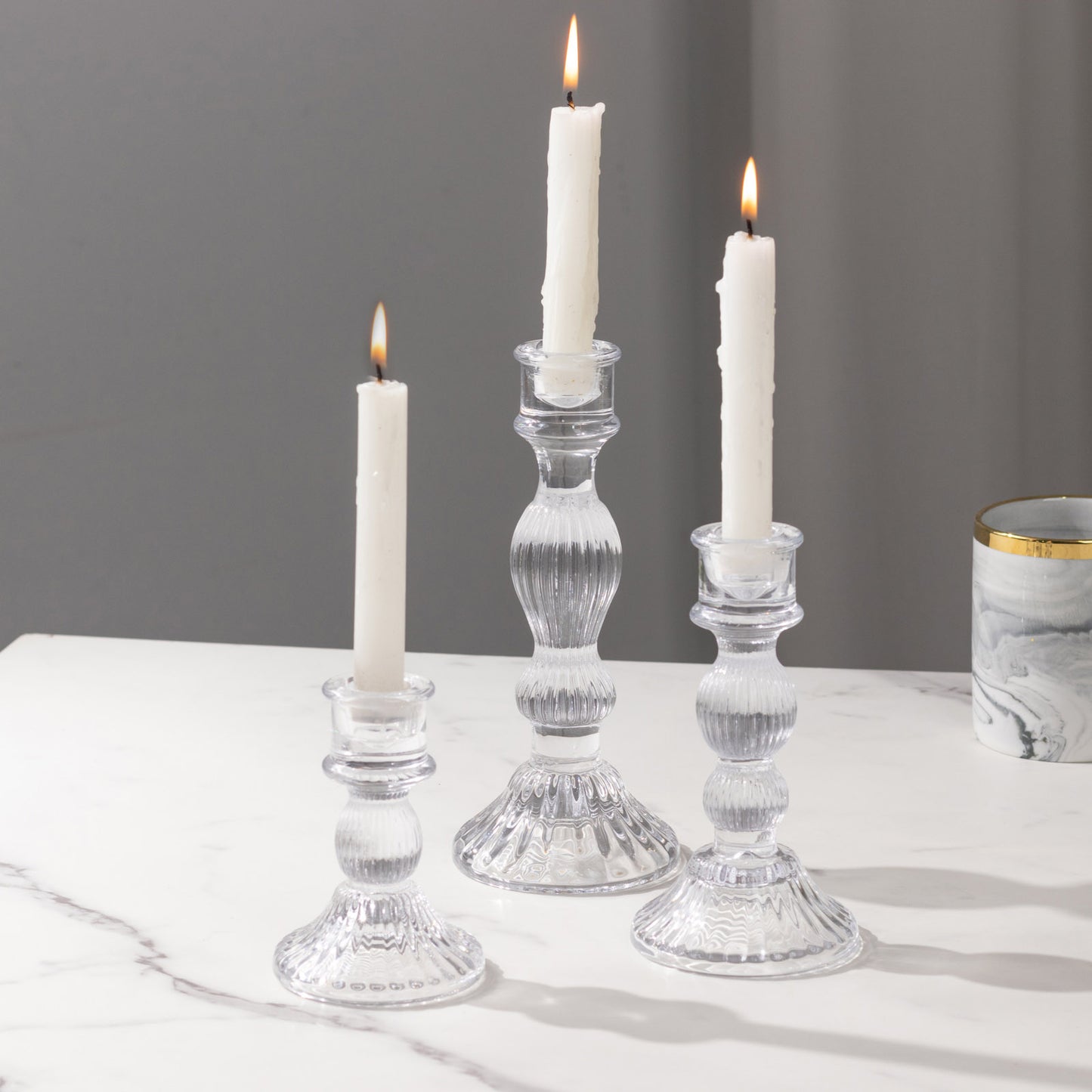 Set of 3 Clear Ribbed Glass Taper Candlestick Holders, Fluted Crystal Candle Stands - 4", 6", 8"