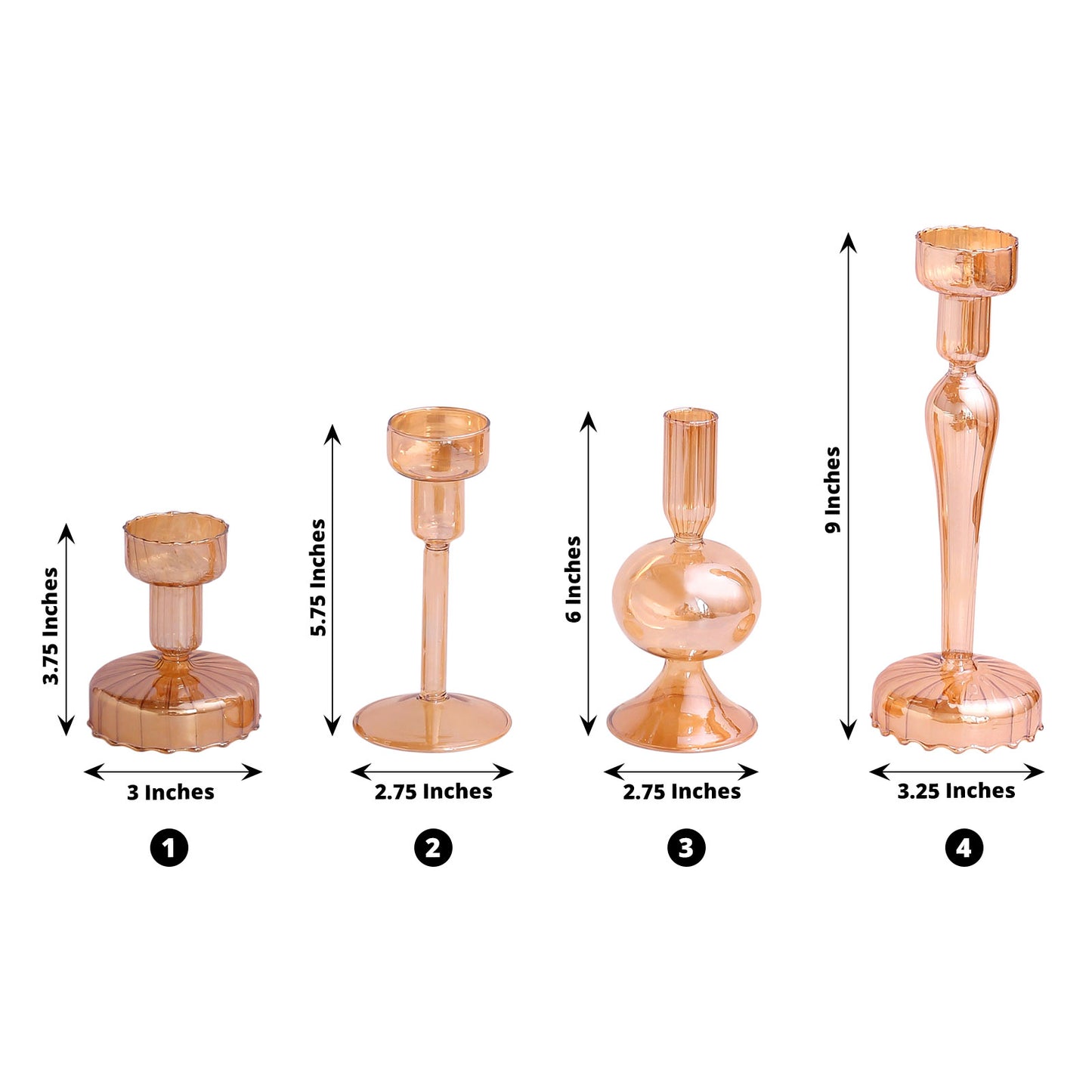 Set of 4 Assorted Amber Gold Glass Taper Votive Candle Stands, Lined Crystal Glass Tea Light Candle Holder Set - 4", 5.5", 6", 9"