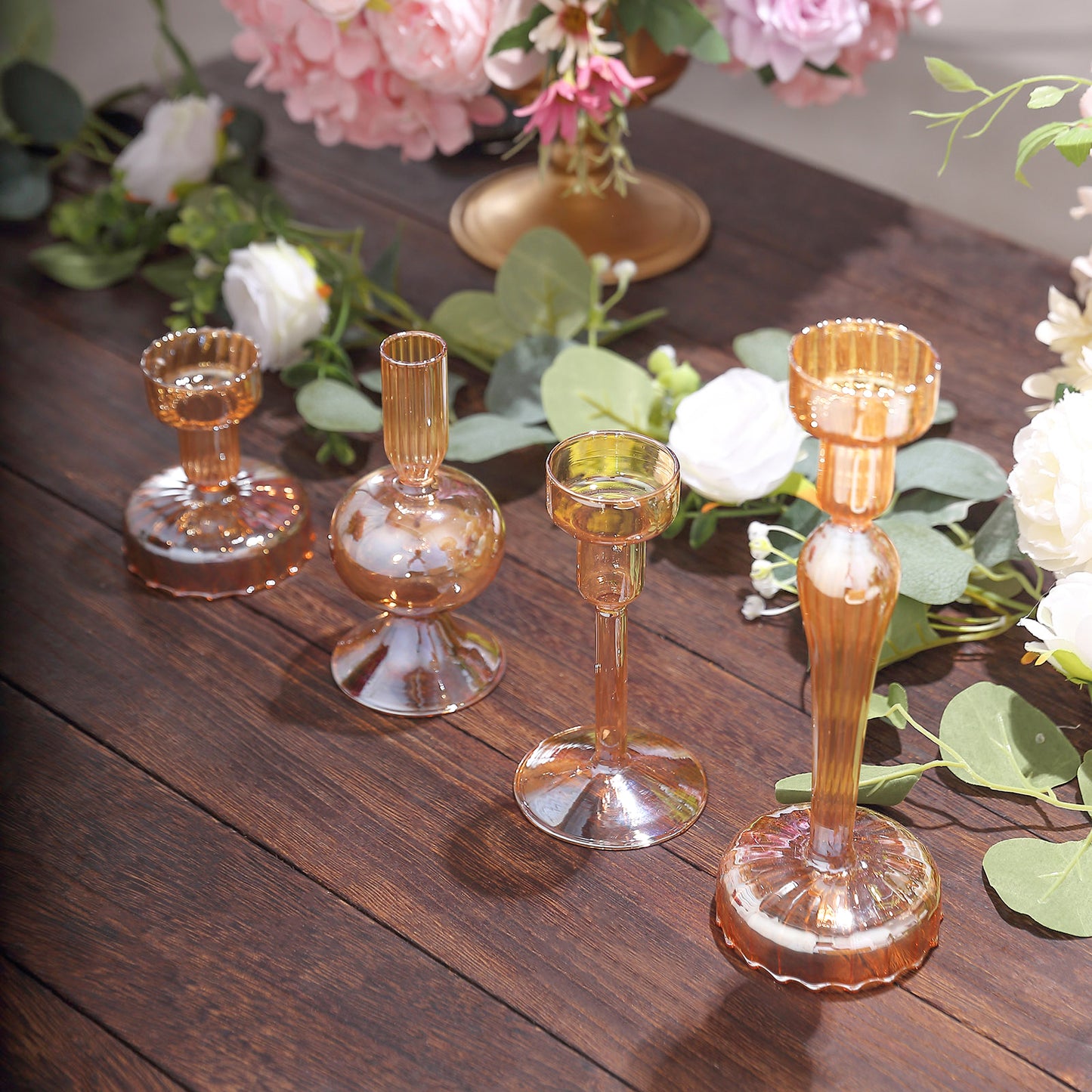 Set of 4 Assorted Amber Gold Glass Taper Votive Candle Stands, Lined Crystal Glass Tea Light Candle Holder Set - 4", 5.5", 6", 9"