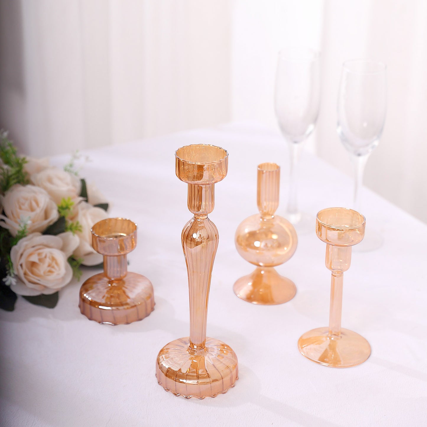 Set of 4 Assorted Amber Gold Glass Taper Votive Candle Stands, Lined Crystal Glass Tea Light Candle Holder Set - 4", 5.5", 6", 9"