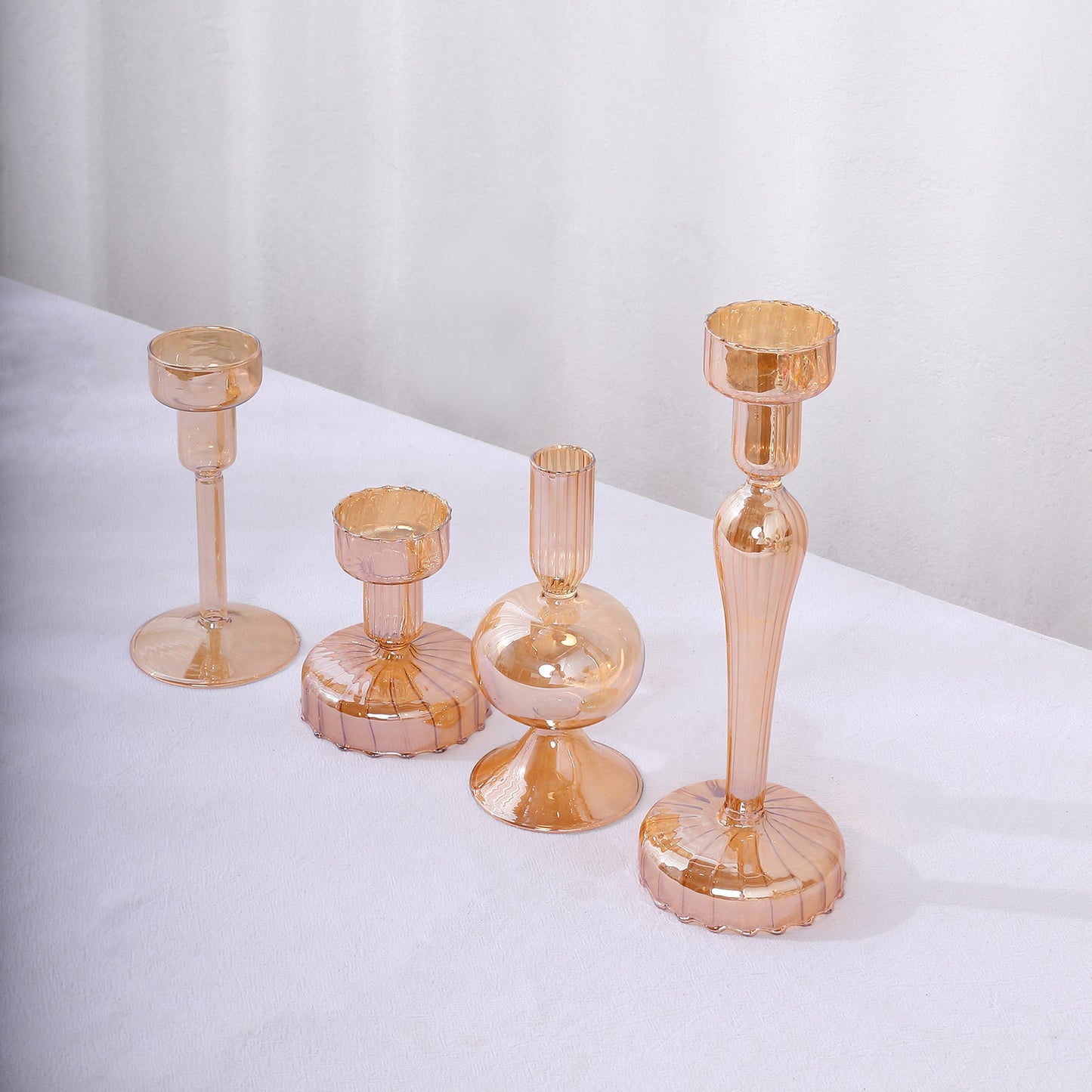 Set of 4 Assorted Amber Gold Glass Taper Votive Candle Stands, Lined Crystal Glass Tea Light Candle Holder Set - 4", 5.5", 6", 9"