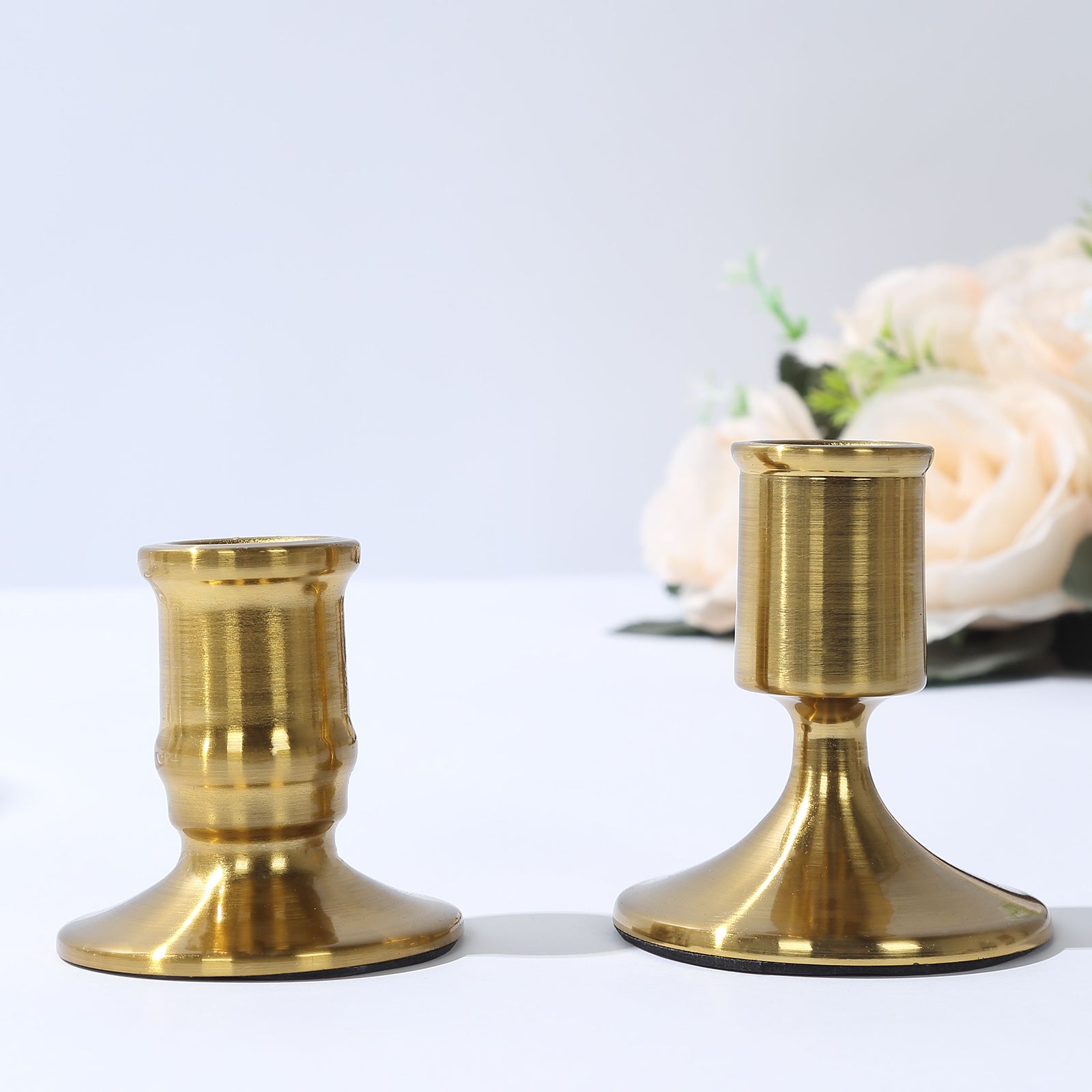 Set of 4 Vintage Gold Metal Pillar Candle Holders with Sturdy Round Base, Standard Taper Candle Holder Candlestick Stands - 2.5",3"