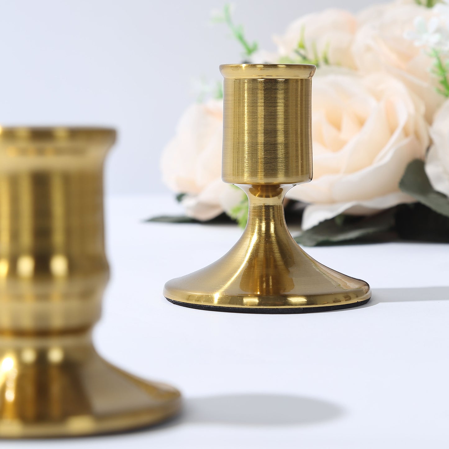 Set of 4 Vintage Gold Metal Pillar Candle Holders with Sturdy Round Base, Standard Taper Candle Holder Candlestick Stands - 2.5",3"