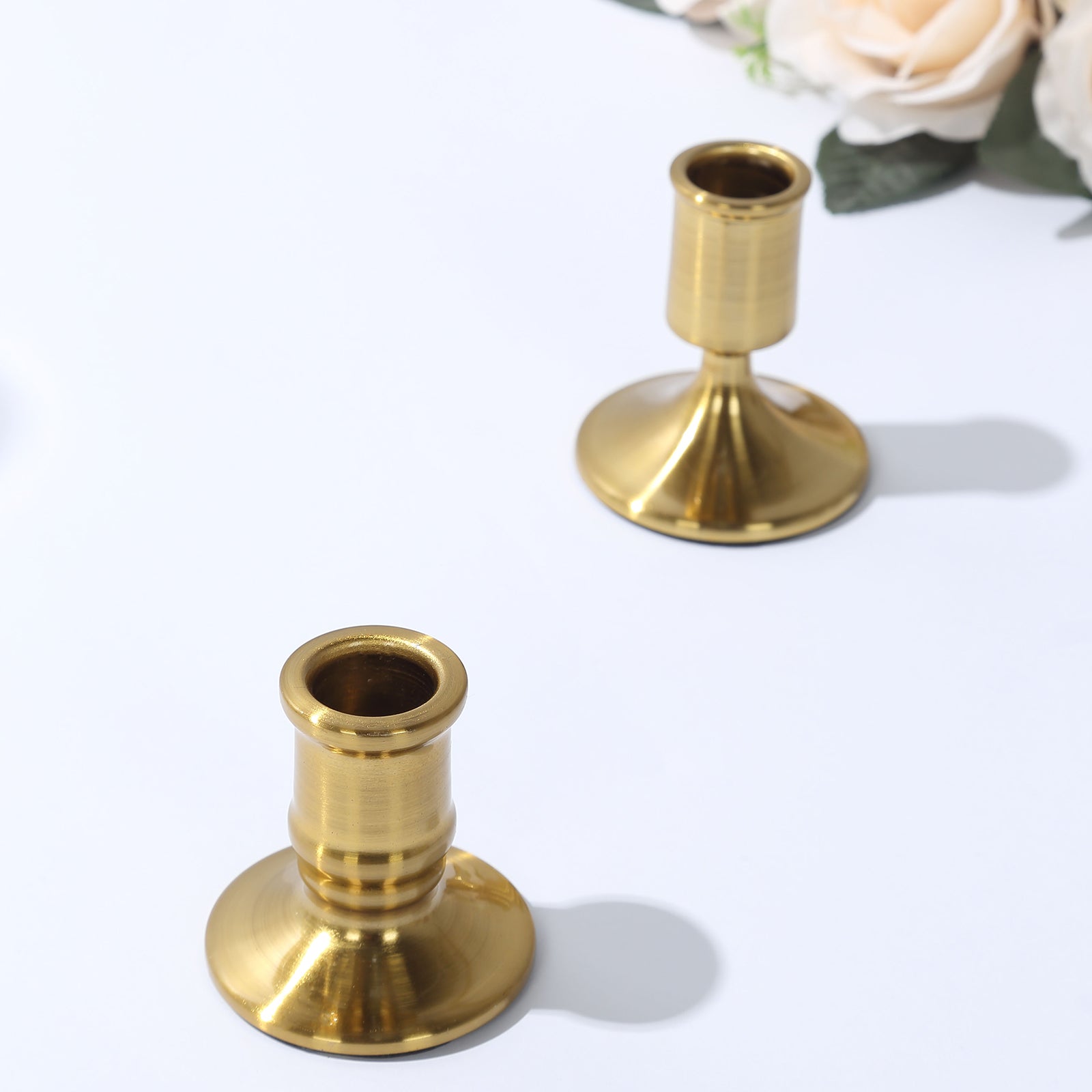 Set of 4 Vintage Gold Metal Pillar Candle Holders with Sturdy Round Base, Standard Taper Candle Holder Candlestick Stands - 2.5",3"