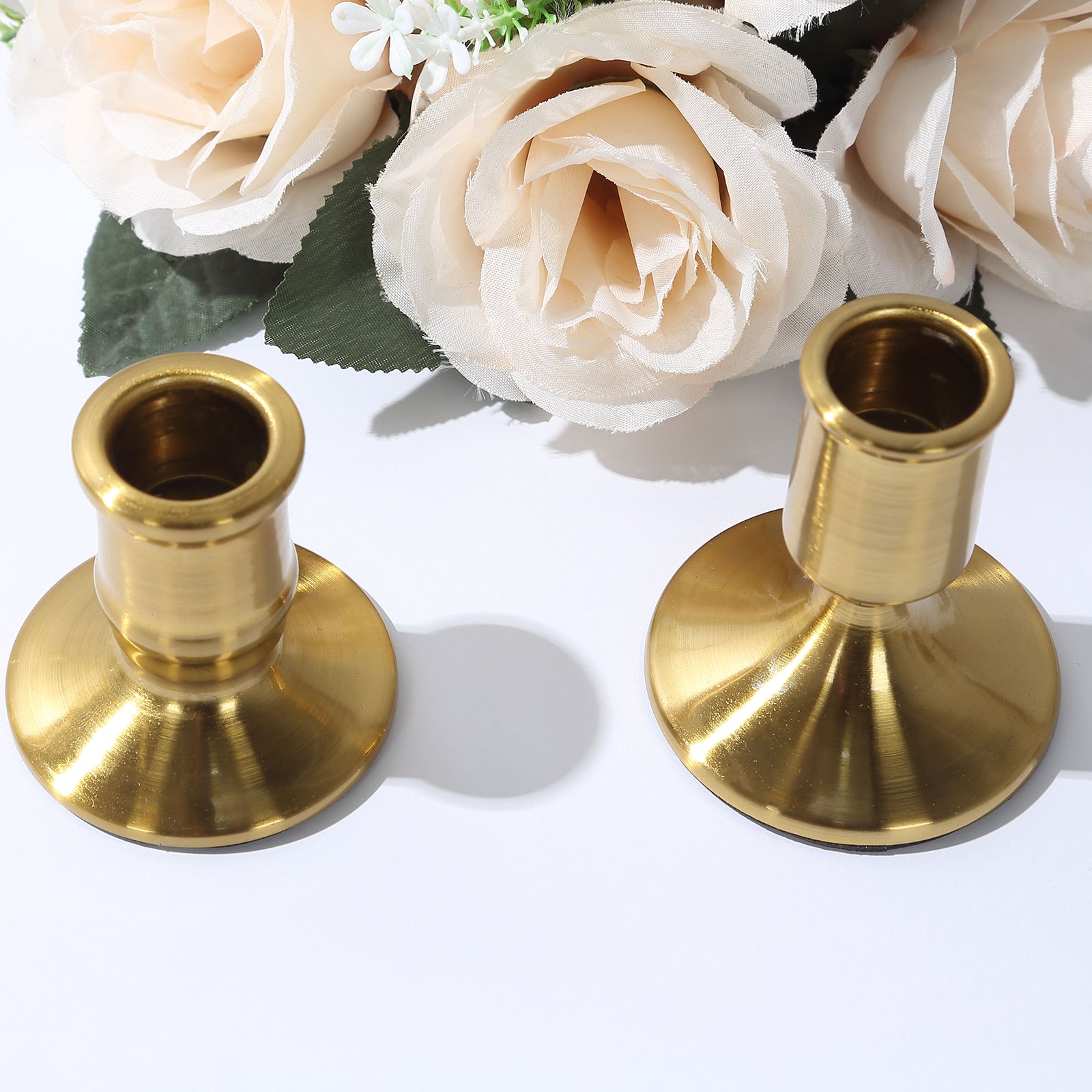 Set of 4 Vintage Gold Metal Pillar Candle Holders with Sturdy Round Base, Standard Taper Candle Holder Candlestick Stands - 2.5",3"