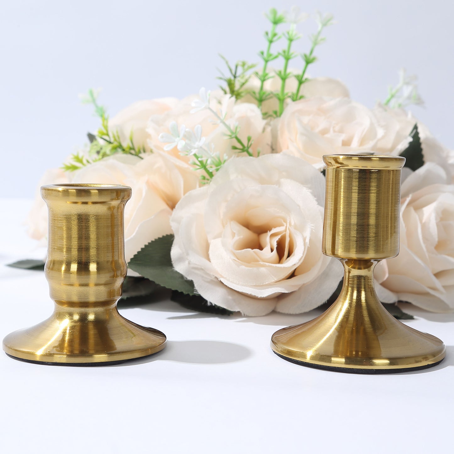 Set of 4 Vintage Gold Metal Pillar Candle Holders with Sturdy Round Base, Standard Taper Candle Holder Candlestick Stands - 2.5",3"