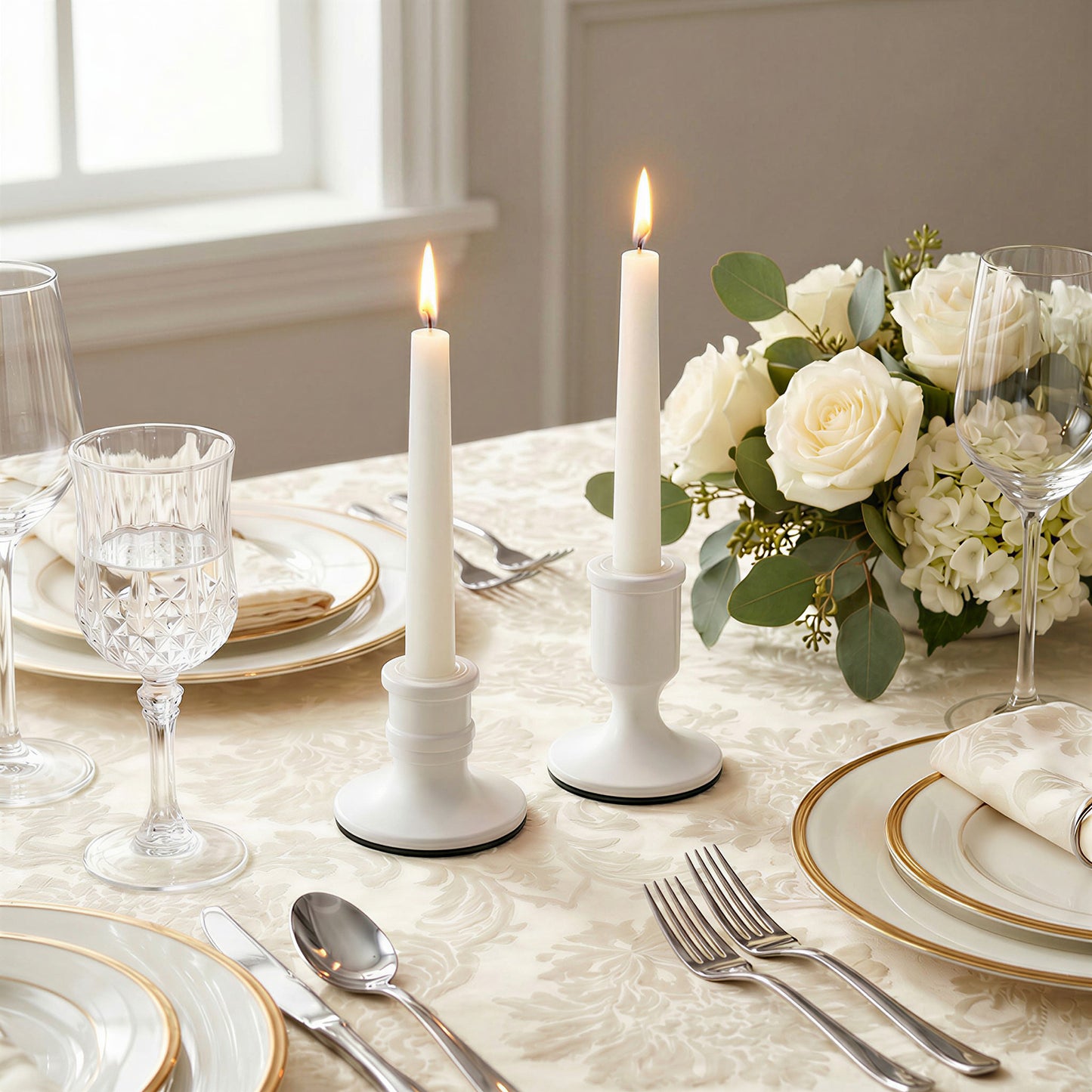 Set of 4 Metal Taper Candle Holders Vintage White with Sturdy Round Base - Traditional Pillar Candle