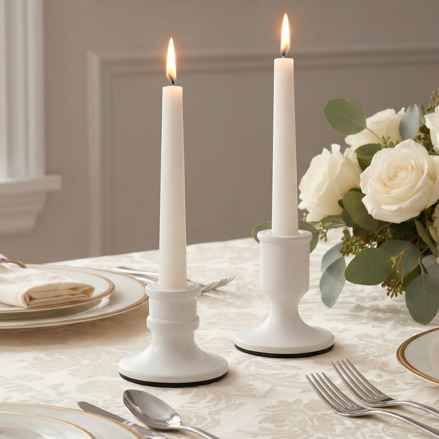 Set of 4 Metal Taper Candle Holders Vintage White with Sturdy Round Base - Traditional Pillar Candle
