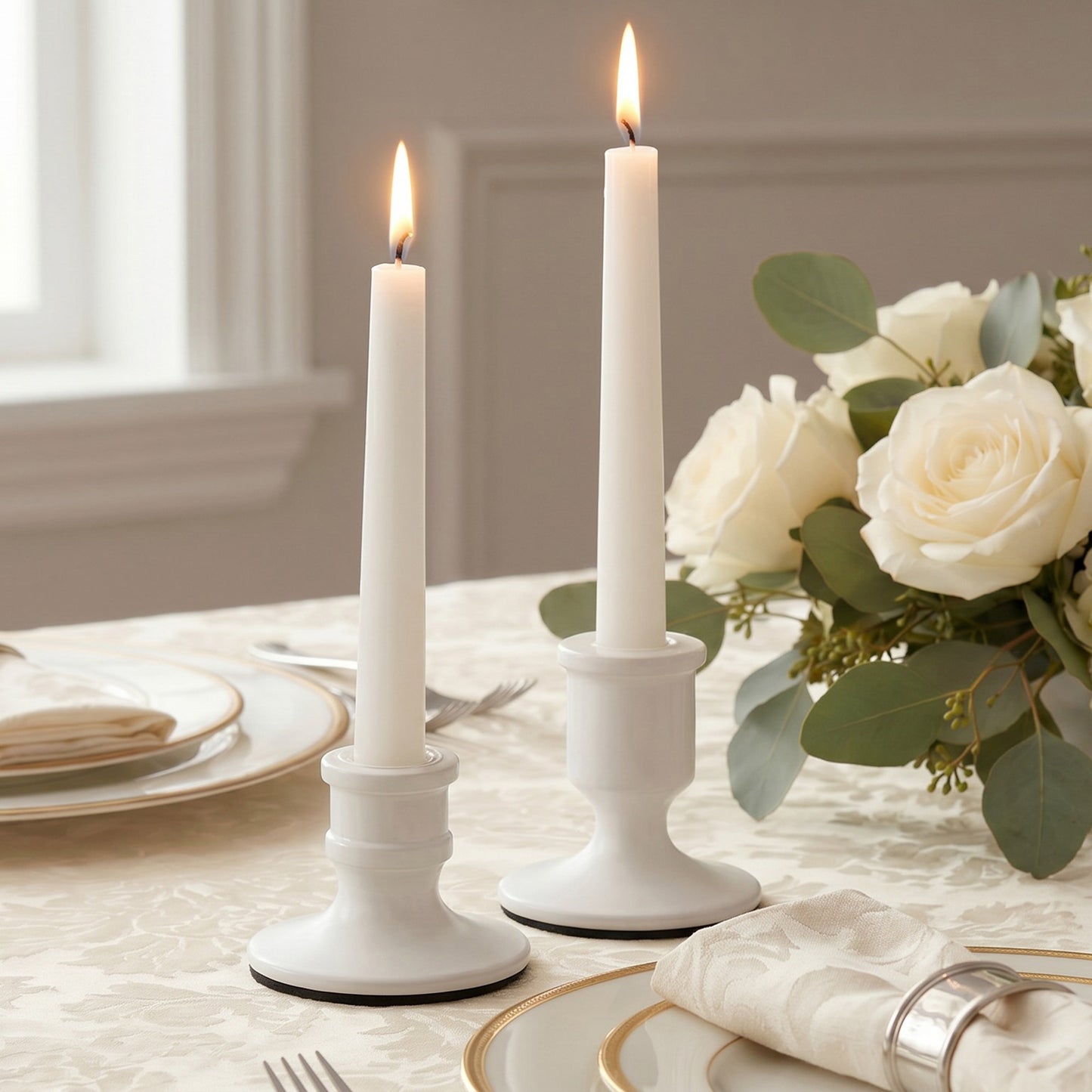 Set of 4 Metal Taper Candle Holders Vintage White with Sturdy Round Base - Traditional Pillar Candle
