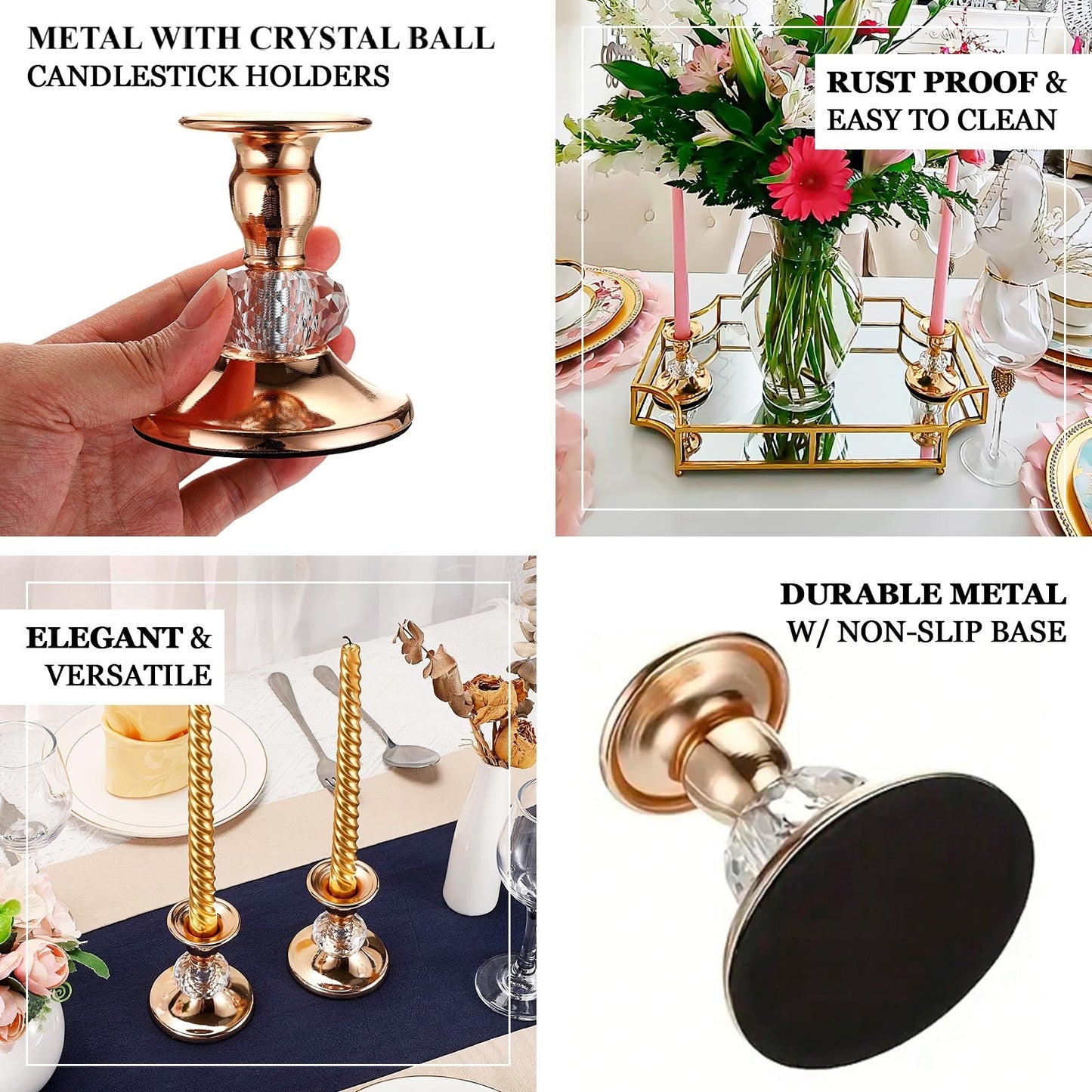 6 Pack 3.5inch Gold Metal Taper Candle Holders with Crystal Ball Center, Vintage Candlestick Stands
