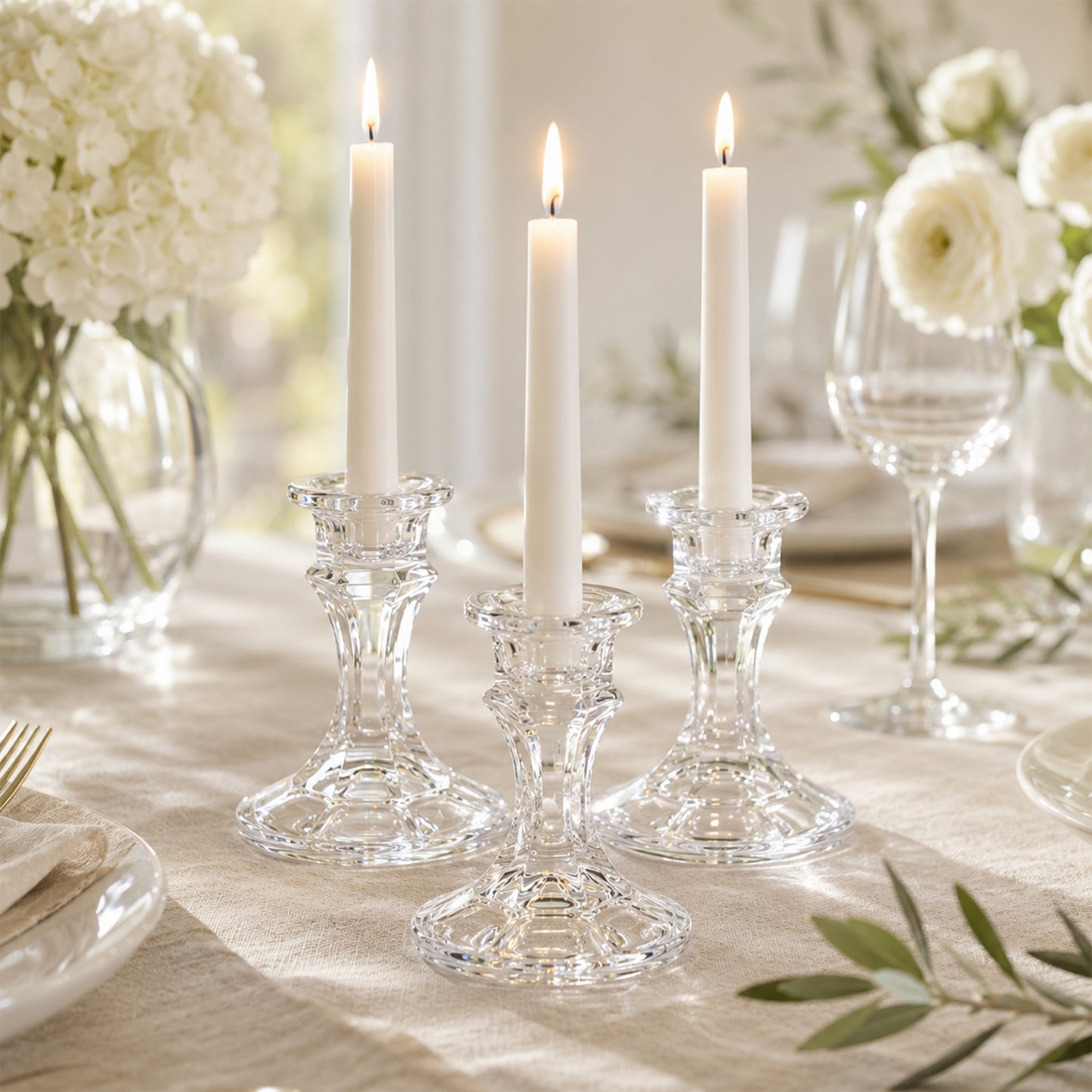 12 Pack 4" Clear Glass Taper Candle Holders - Reversible Votive Candle Stand, Faceted Pedestal Desig