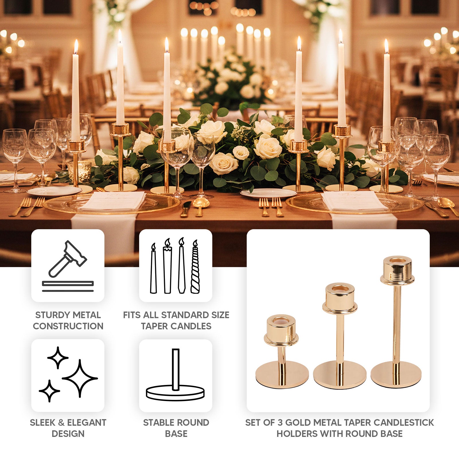 Set of 3 gold metal taper candle stands with round base.