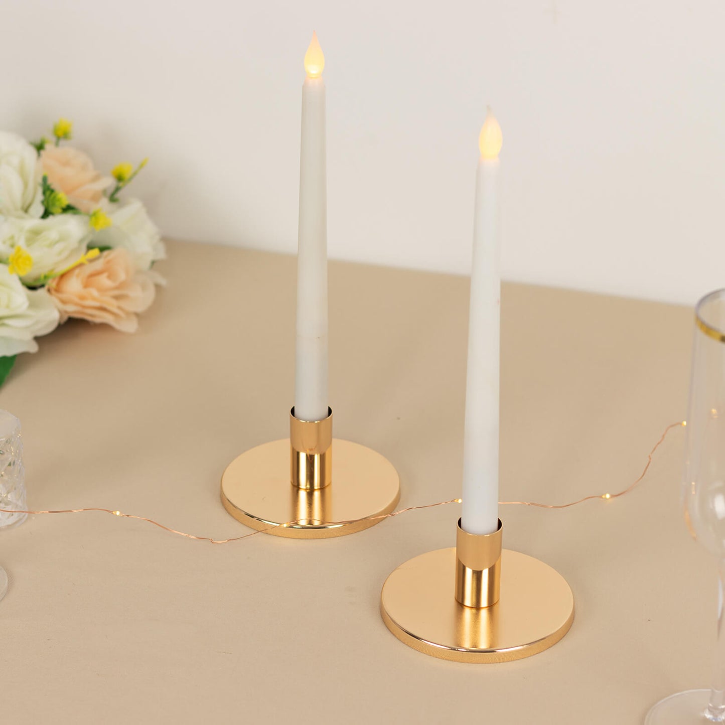 2 Pack Short Gold Metal Candle Stick Stands with Round Disc Base, Vintage Retro Style Taper Candle Holders - 4"x2"