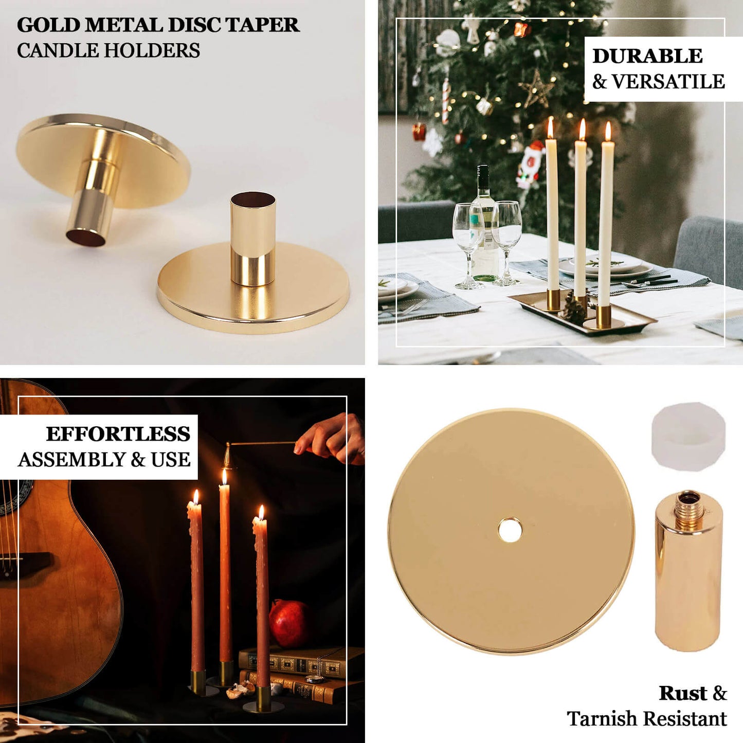 2 Pack Short Gold Metal Candle Stick Stands with Round Disc Base, Vintage Retro Style Taper Candle Holders - 4"x2"