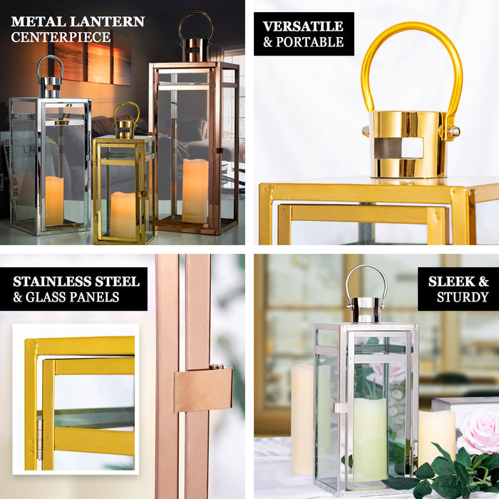 22" Gold Vintage Top Stainless Steel Candle Lantern Centerpiece Outdoor Metal Patio Lantern