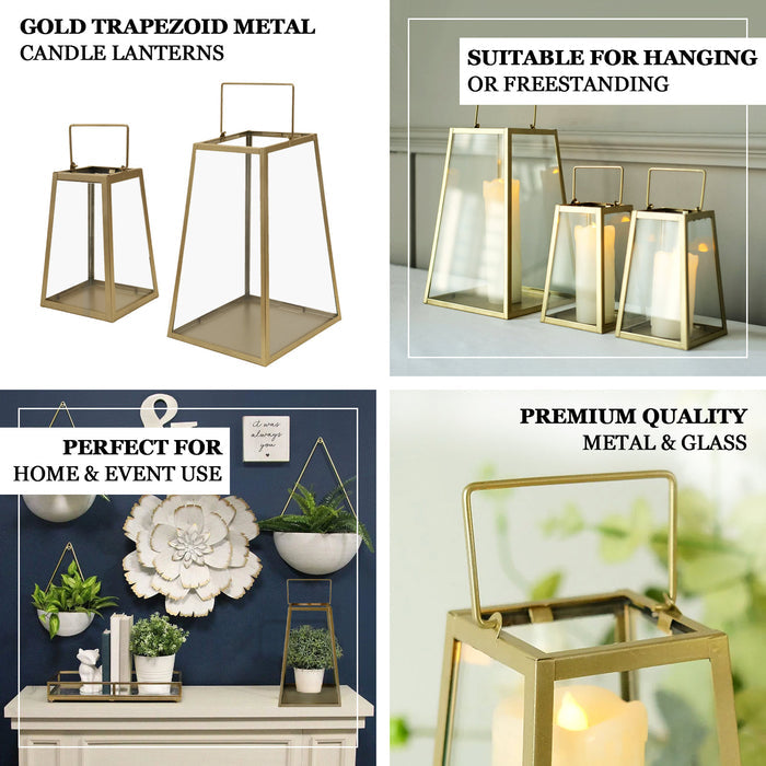 Gold trapezoid metal candle lantern, geometric design for indoor or outdoor use.