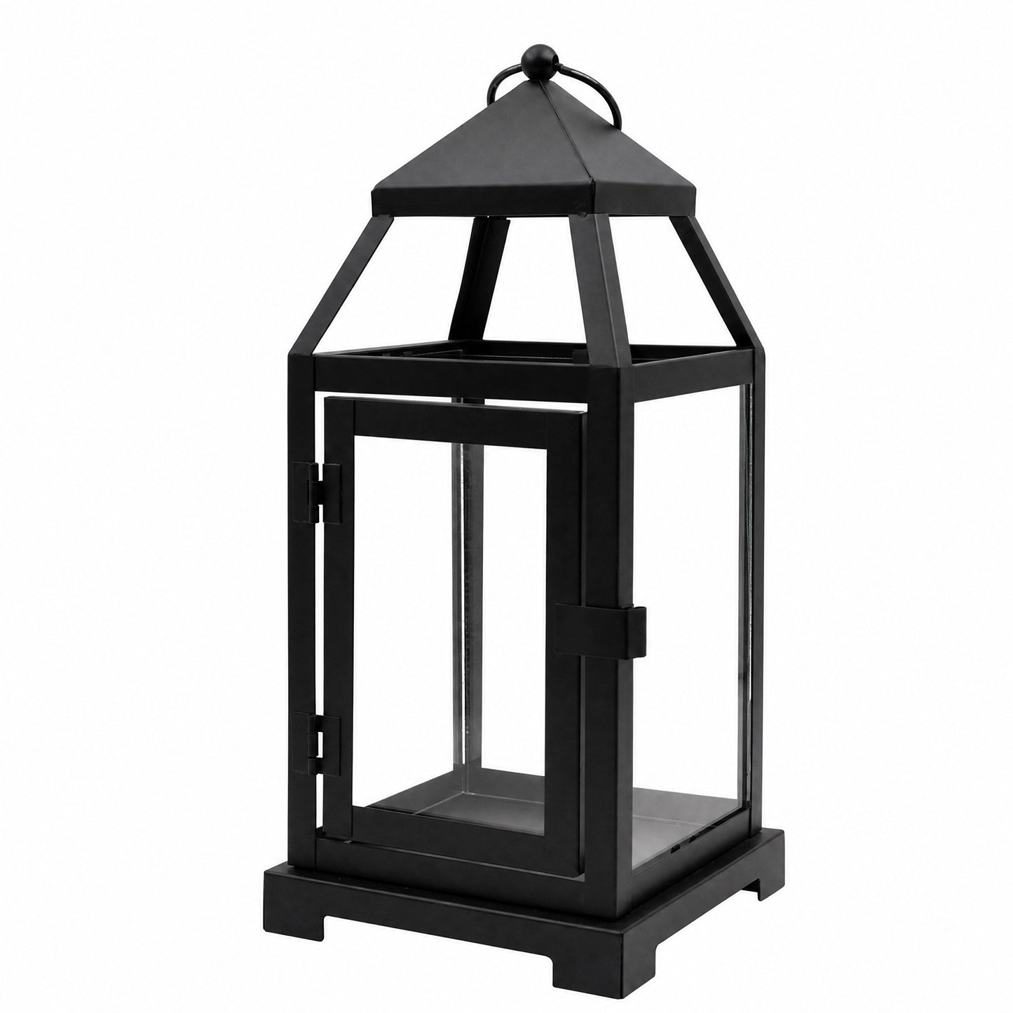 11" Black Metal Candle Lantern with Glass Panels - Decorative Vintage Lantern Centerpiece with Top H