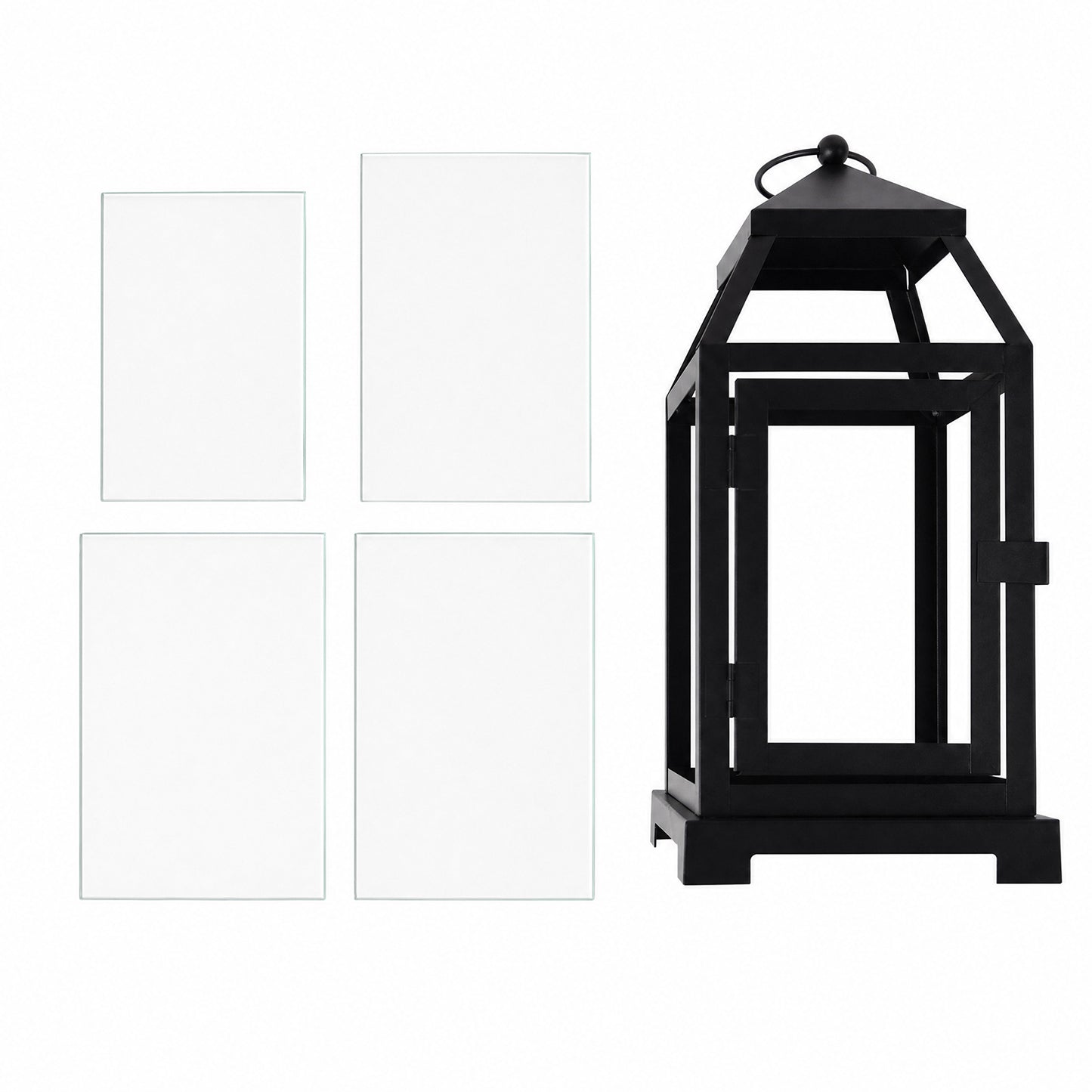 11" Black Metal Candle Lantern with Glass Panels - Decorative Vintage Lantern Centerpiece with Top H