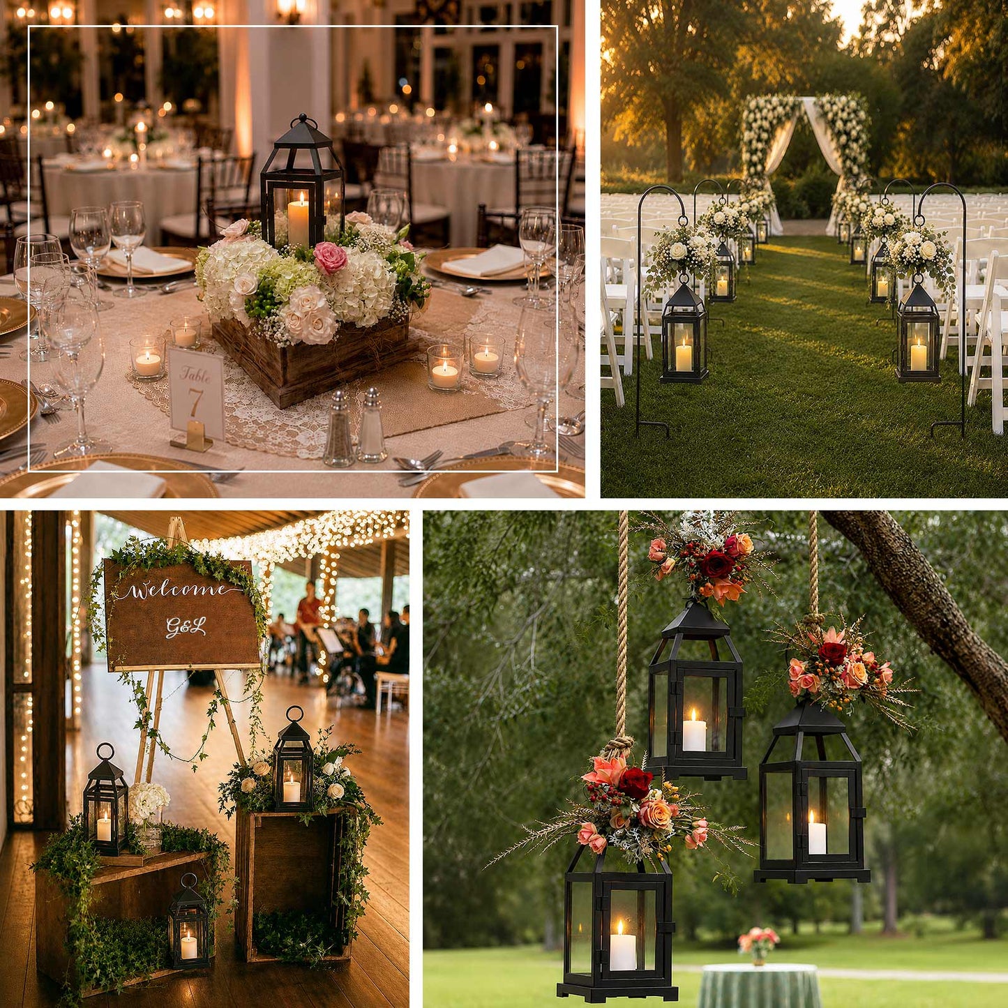 Decorative black metal lanterns illuminating ceremony aisles, garden pathways, and outdoor wedding e