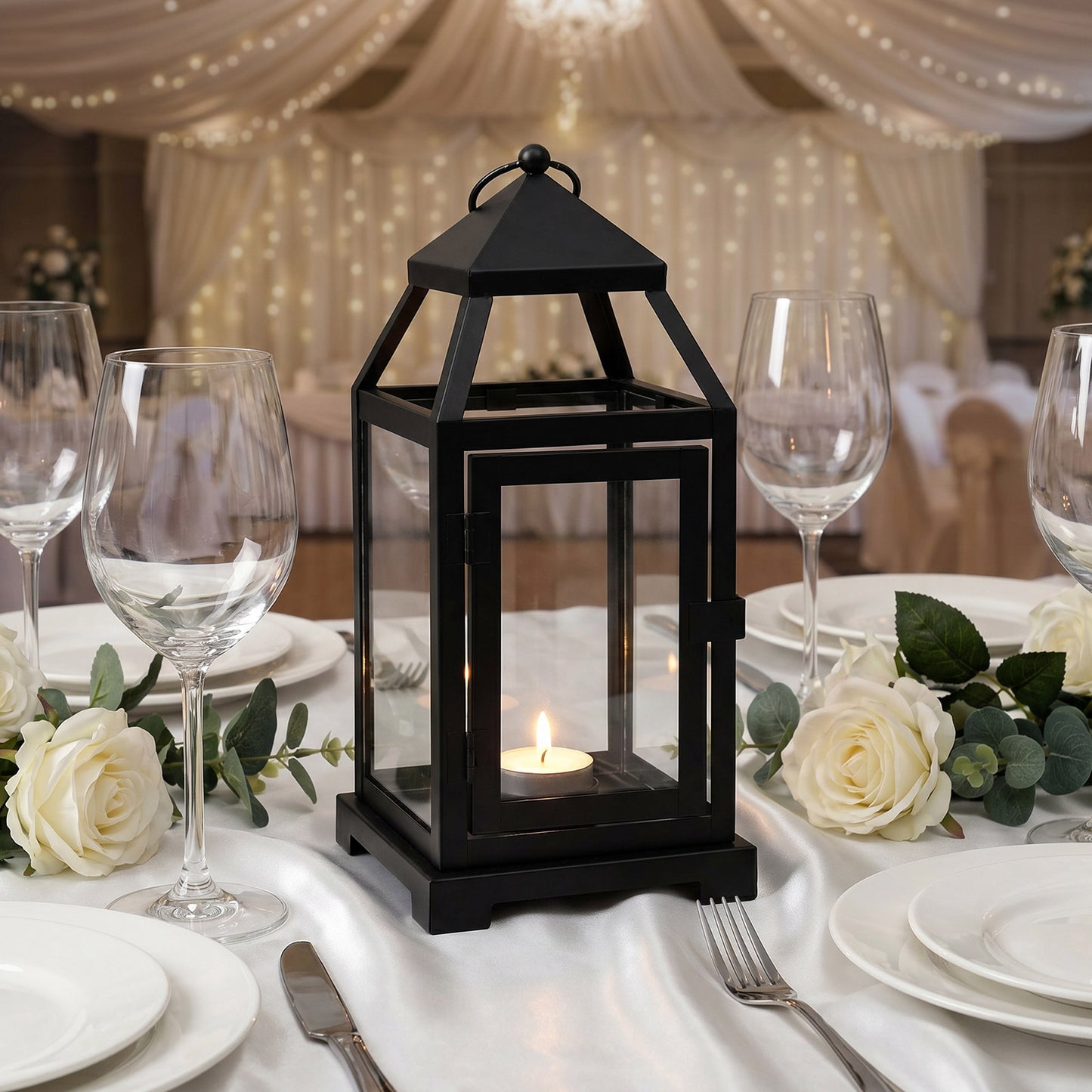 11" Black Metal Candle Lantern with Glass Panels - Decorative Vintage Lantern Centerpiece with Top H