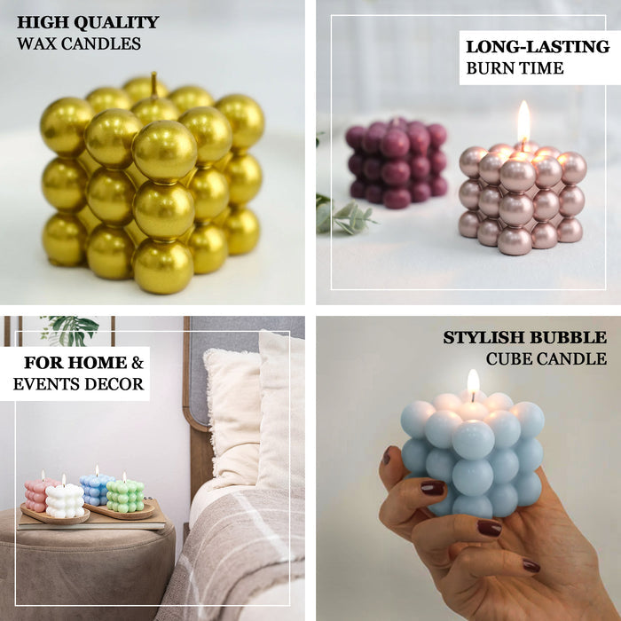 Metallic rose gold bubble cube candles set for decorative home decor.