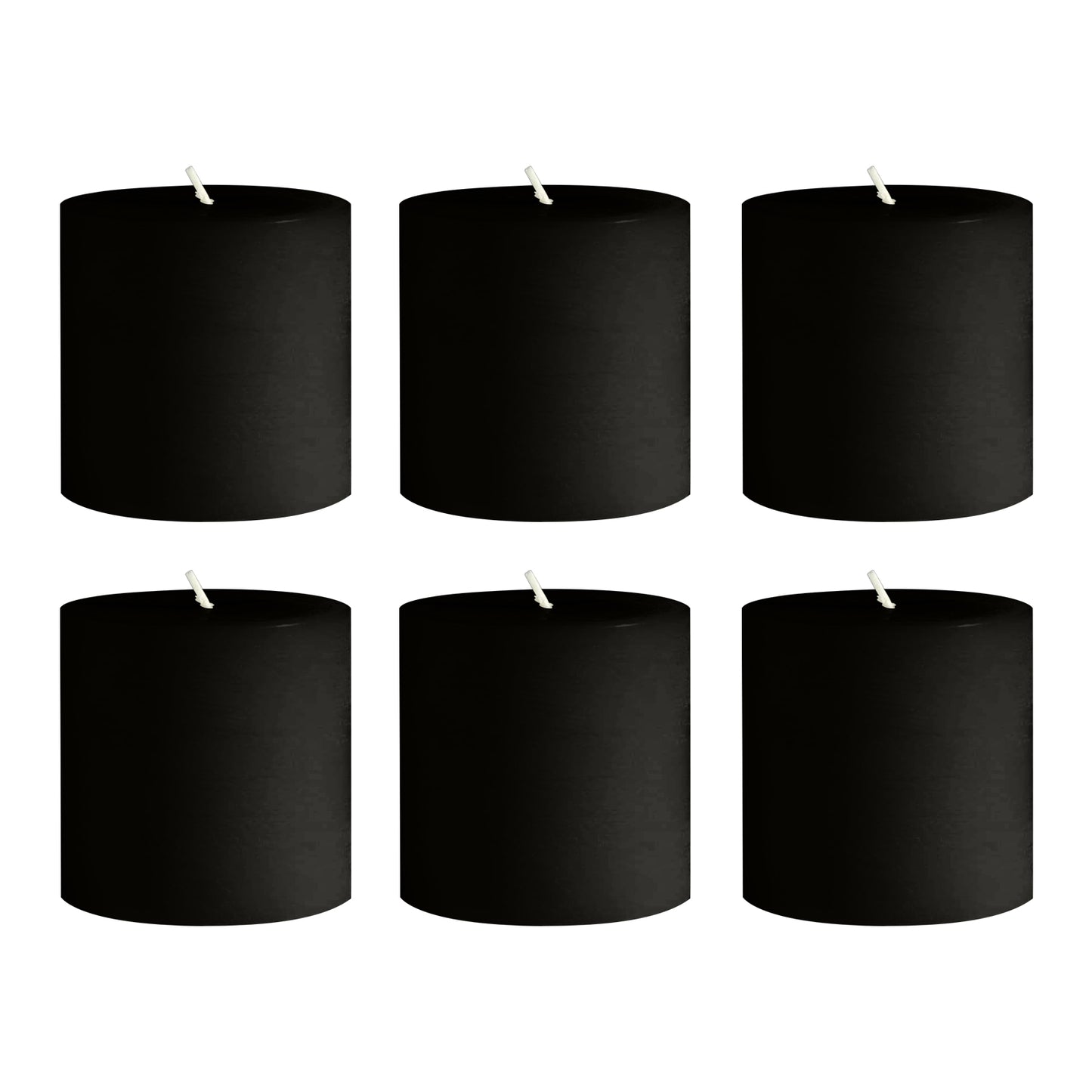 6-Pack Unscented Dripless Pillar Candles – 3"x3" Black Paraffin Wax with Smokeless Cotton Wicks, Clean & Long-Lasting 30-Hour Burn