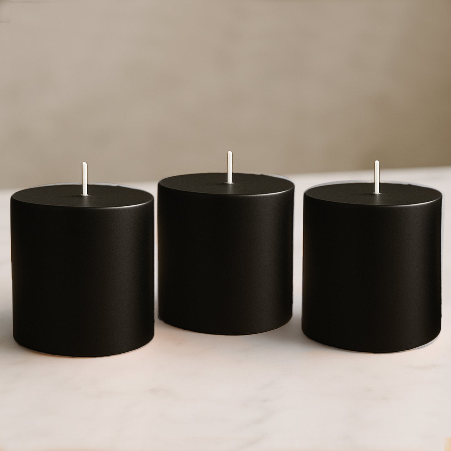 6-Pack Unscented Dripless Pillar Candles – 3"x3" Black Paraffin Wax with Smokeless Cotton Wicks, Clean & Long-Lasting 30-Hour Burn