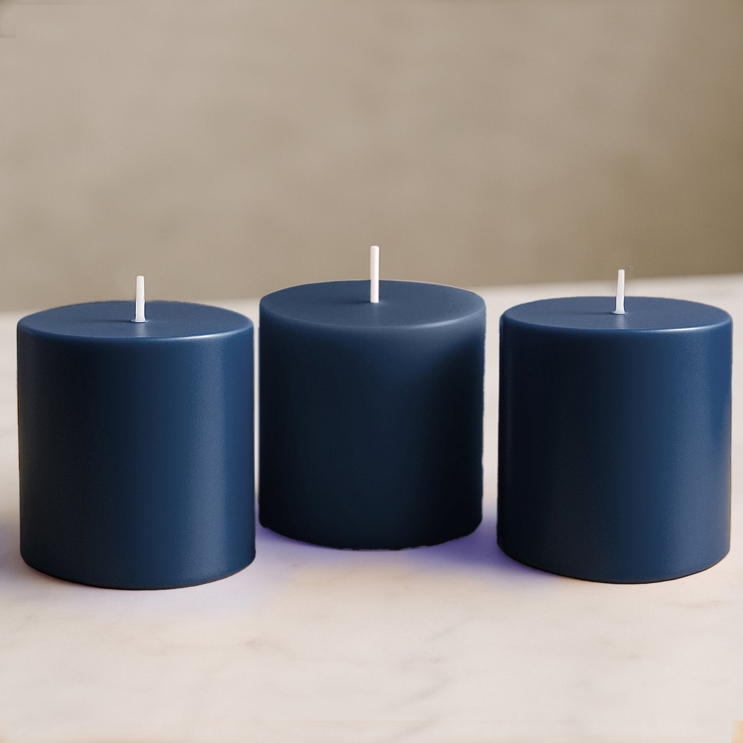 6-Pack Unscented Dripless Pillar Candles – 3"x3" Navy Blue Paraffin Wax with Smokeless Cotton Wicks, Clean & Long-Lasting 30-Hour Burn