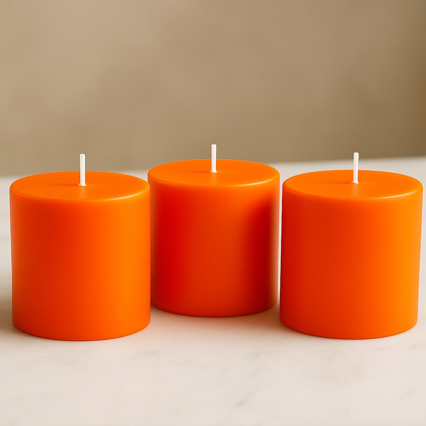 6-Pack Unscented Dripless Pillar Candles – 3"x3" Orange Paraffin Wax with Smokeless Cotton Wicks, Clean & Long-Lasting 30-Hour Burn