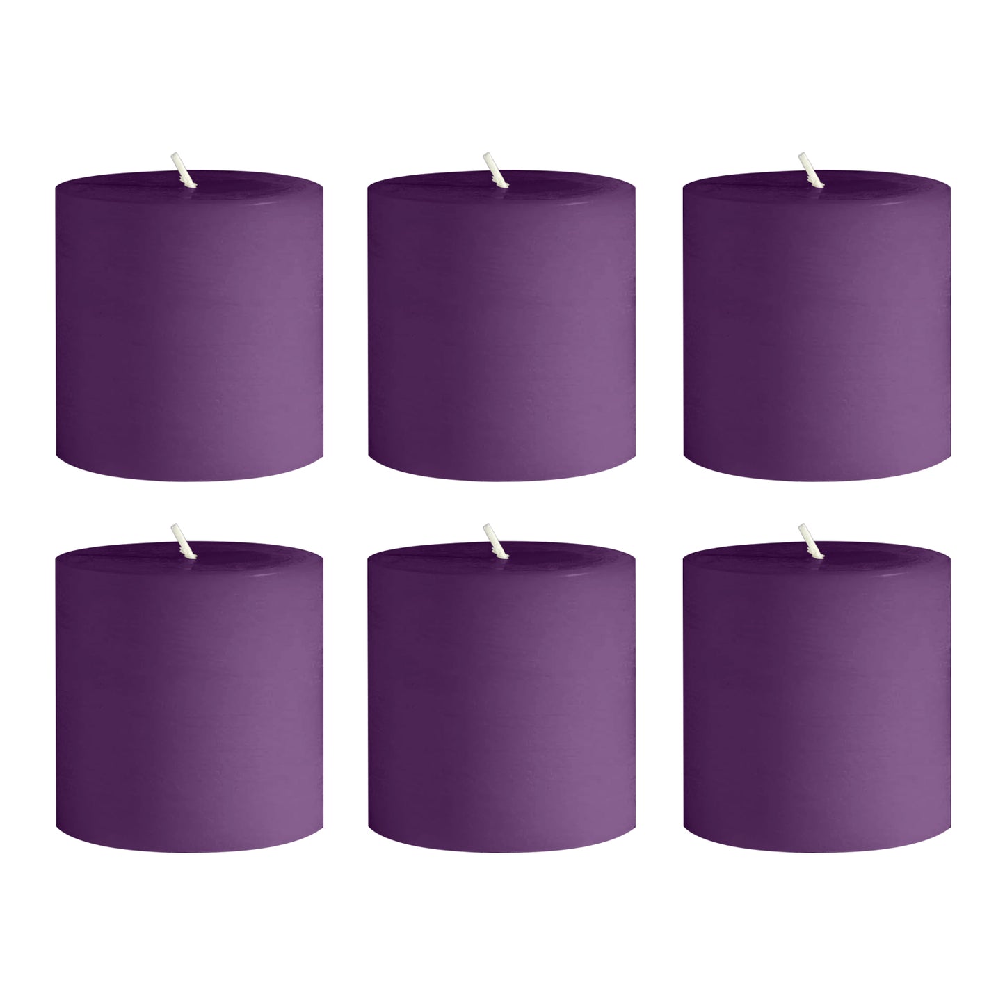 6-Pack Unscented Dripless Pillar Candles – 3"x3" Purple Paraffin Wax with Smokeless Cotton Wicks, Clean & Long-Lasting 30-Hour Burn