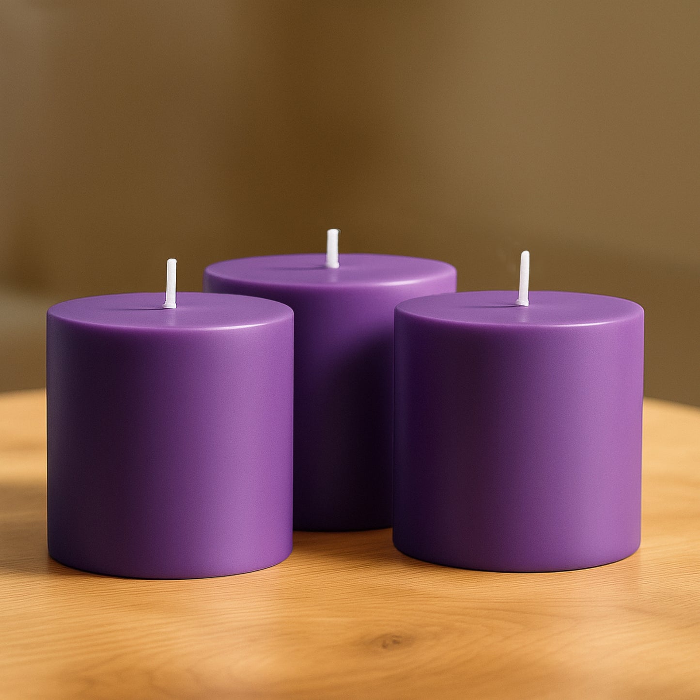 6-Pack Unscented Dripless Pillar Candles – 3"x3" Purple Paraffin Wax with Smokeless Cotton Wicks, Clean & Long-Lasting 30-Hour Burn