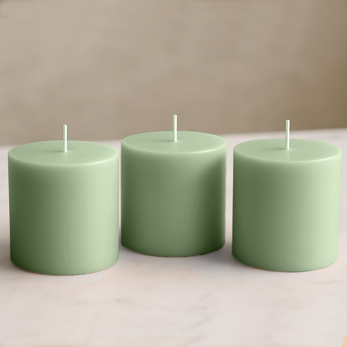 6-Pack Unscented Dripless Pillar Candles – 3"x3" Sage Green Paraffin Wax with Smokeless Cotton Wicks, Clean & Long-Lasting 30-Hour Burn