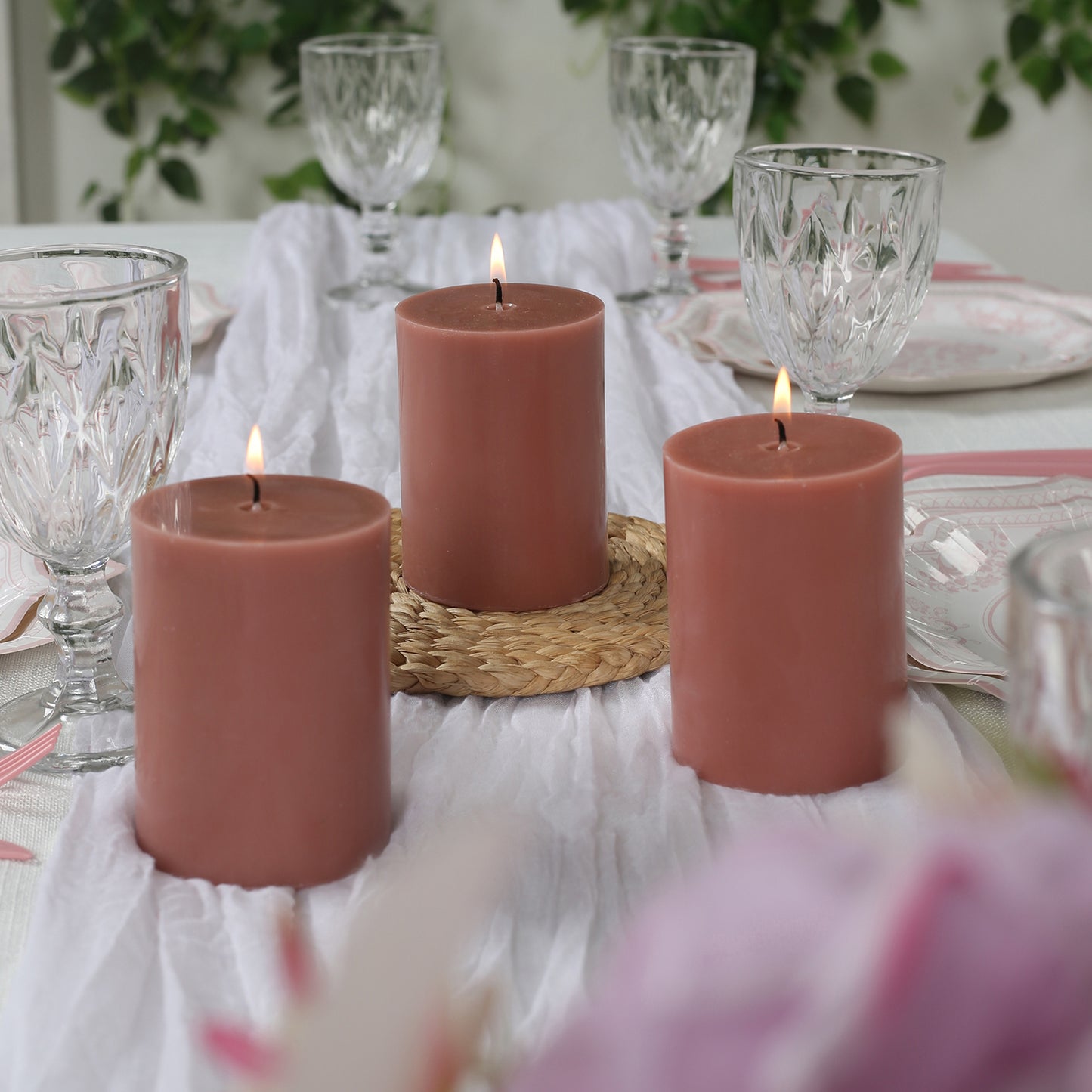 12-Pack 3"x4" Unscented Dripless Pillar Candles – Dusty Rose Long-Burning Wax Candles with Cotton Wicks for Home, Weddings & Event Decor