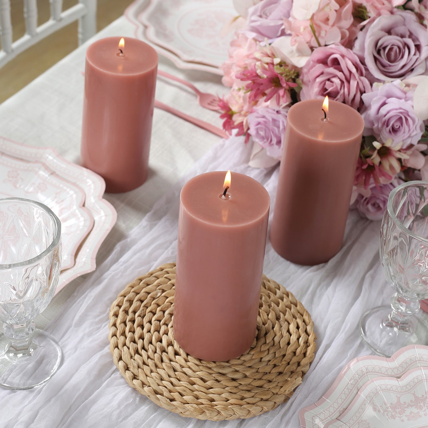 12-Pack 3"x6" Unscented Dripless Pillar Candles – Dusty Rose Long-Burning Paraffin Wax with Cotton Wicks