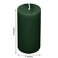 6-Pack unscented dripless pillar candles in hunter emerald green.