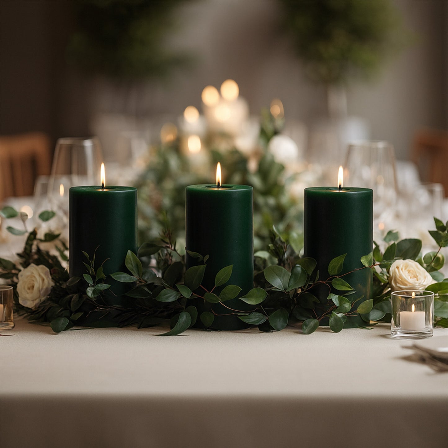 Hunter emerald green pillar candles with flames, arranged on a table with greenery.