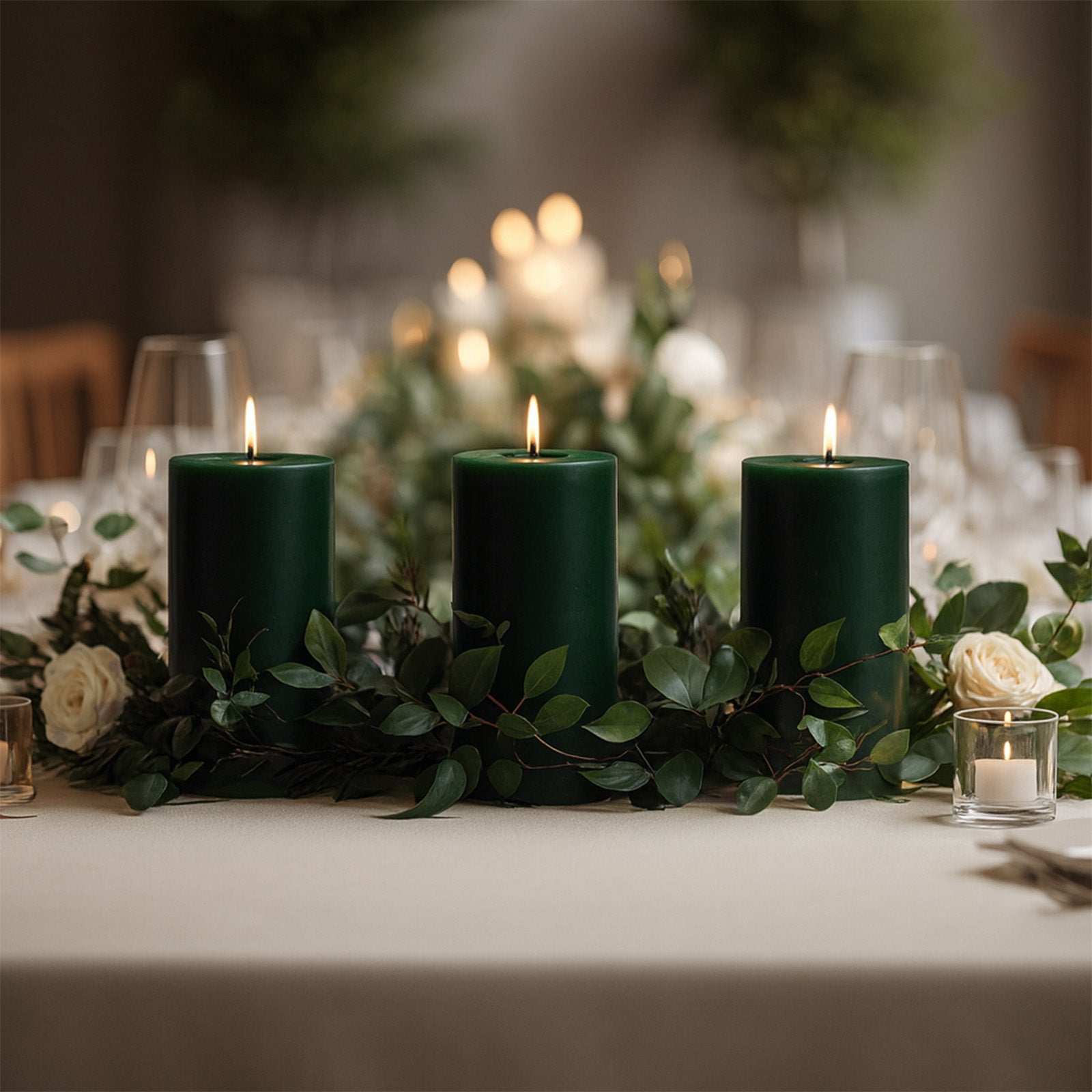 Hunter emerald green pillar candles with flames, arranged on a table with greenery.