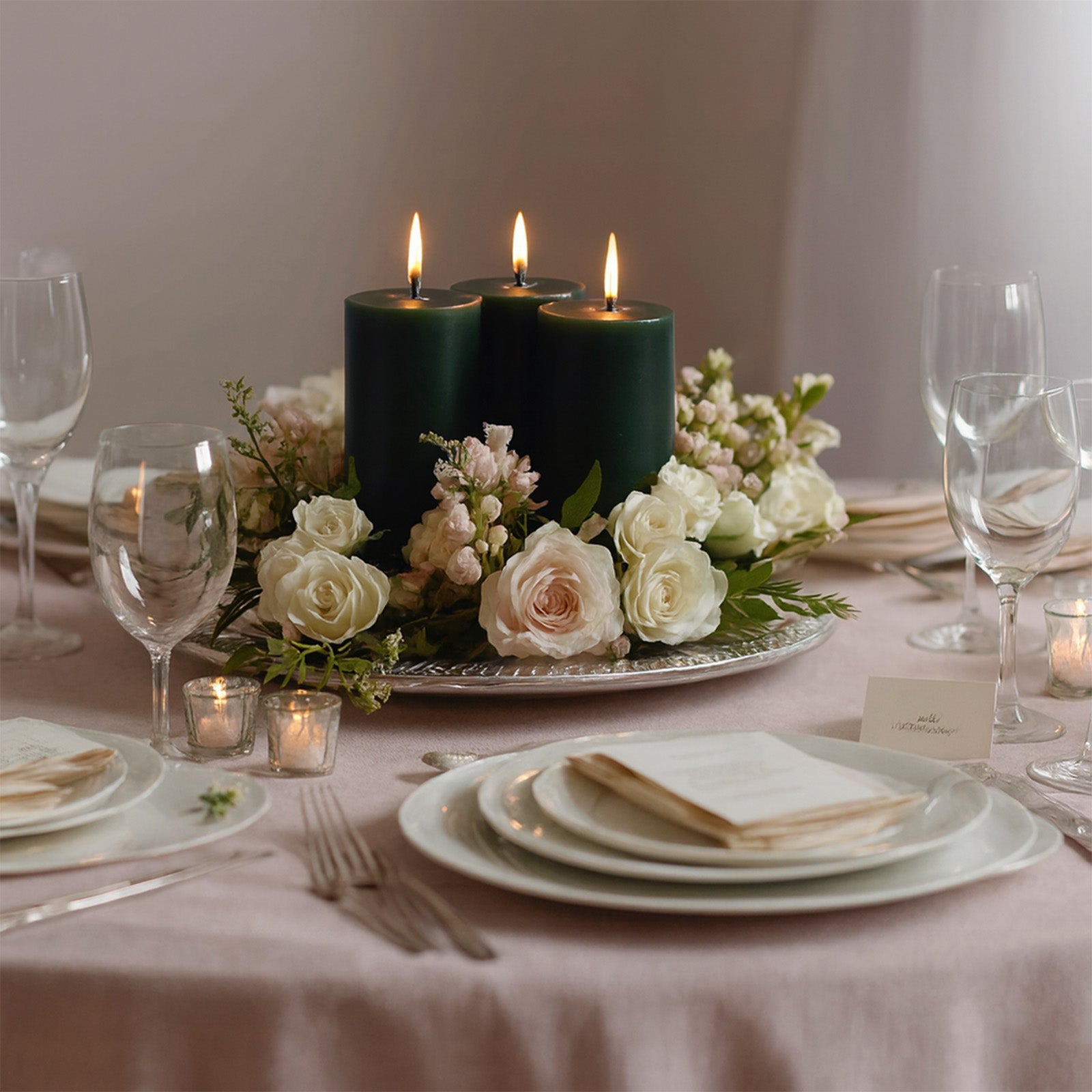 Hunter emerald green pillar candles on a dining table with floral arrangements.