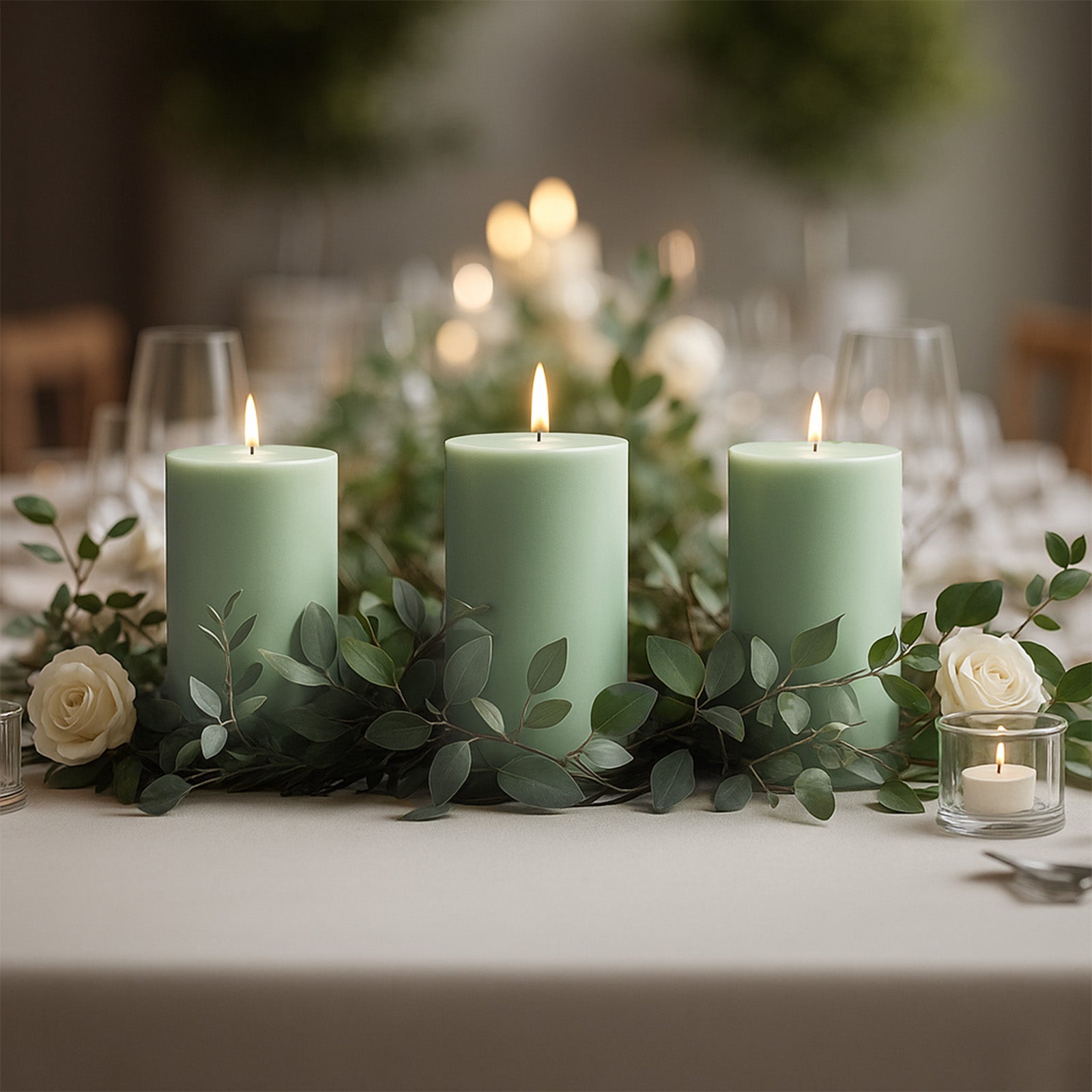 Sage green dripless pillar candles with smokeless wicks on a table centerpiece.