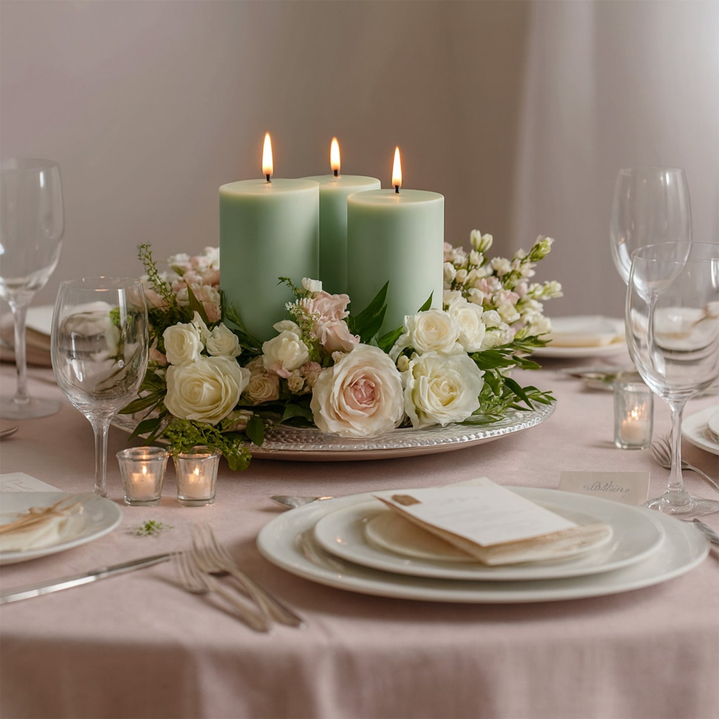 Sage green unscented pillar candles on a floral centerpiece.
