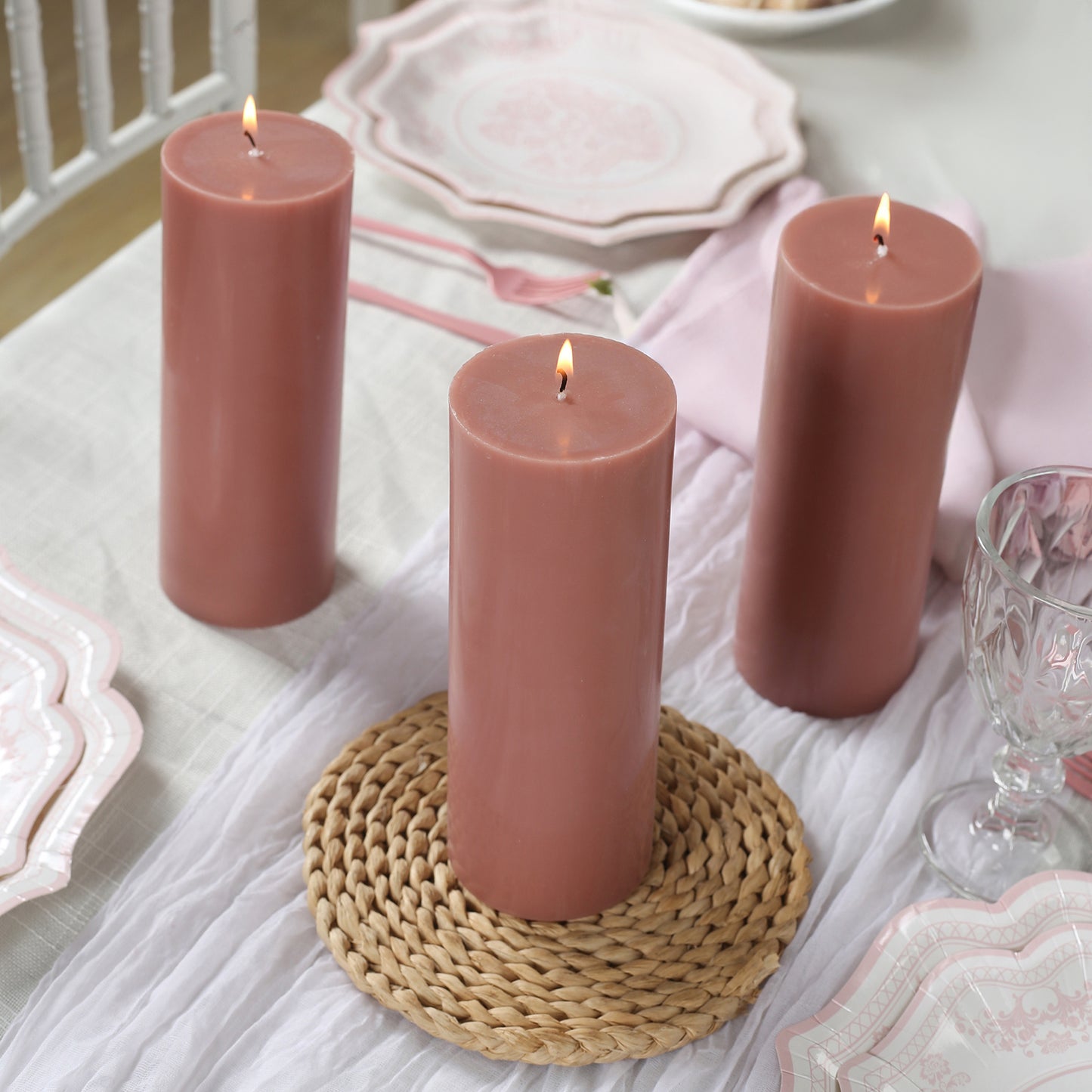 12-Pack 3"x8" Unscented Dripless Pillar Candles – Dusty Rose Long-Burning Wax Candles with Cotton Wicks for Home, Weddings & Event Decor