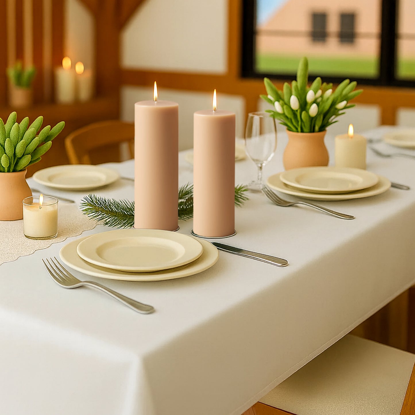 6-Pack Unscented Dripless Pillar Candles – 3"x9" Beige Paraffin Wax with Smokeless Cotton Wicks, Clean & Long-Lasting 90-Hour Burn