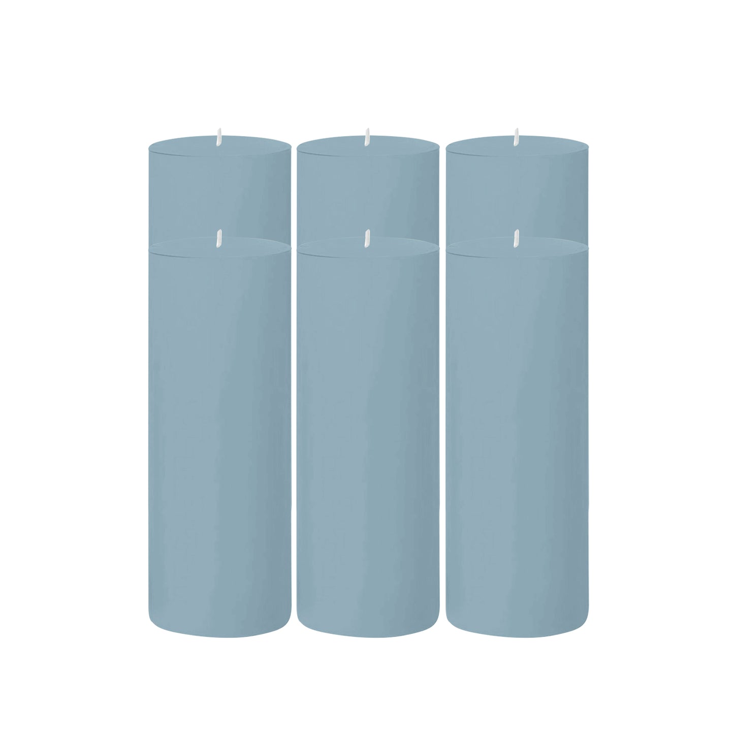 6-Pack Unscented Dripless Pillar Candles – 3"x9" Dusty Blue Paraffin Wax with Smokeless Cotton Wicks, Clean & Long-Lasting 90-Hour Burn