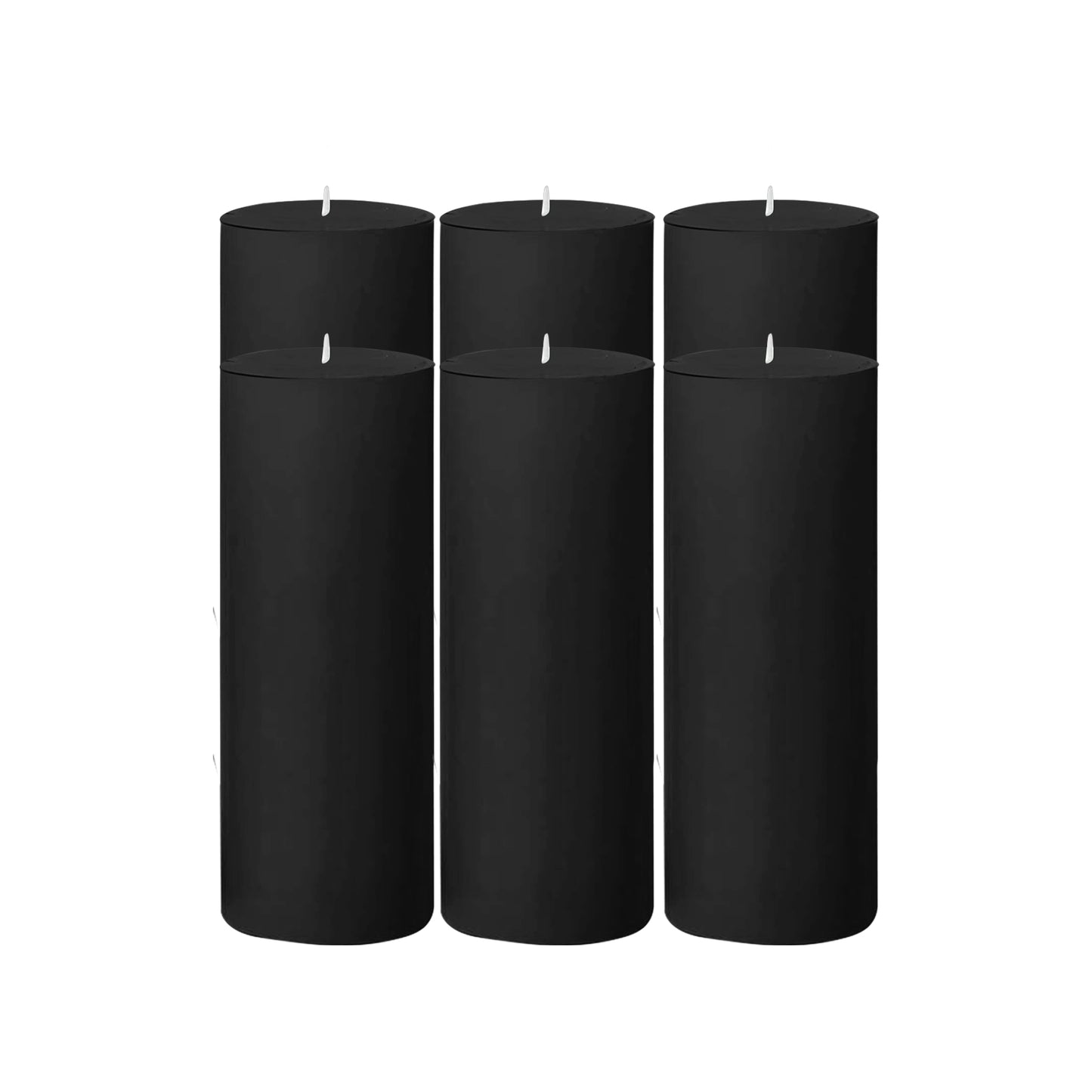 6-Pack Unscented Dripless Pillar Candles – 3"x9" Black Paraffin Wax with Smokeless Cotton Wicks, Clean & Long-Lasting 90-Hour Burn