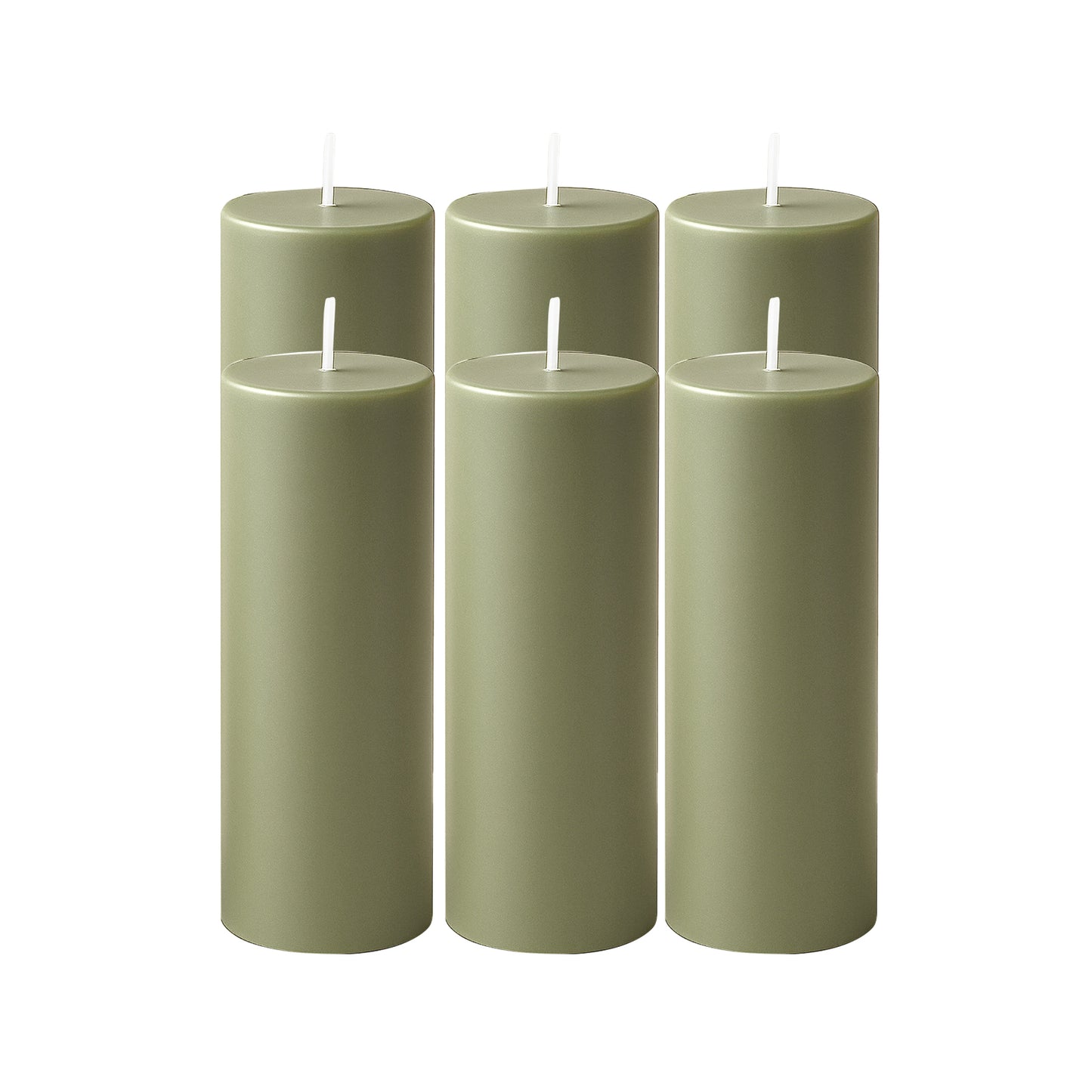 6-Pack Unscented Dripless Pillar Candles – 3"x9" Dusty Sage Green Paraffin Wax with Smokeless Cotton Wicks, Clean & Long-Lasting 90-Hour Burn