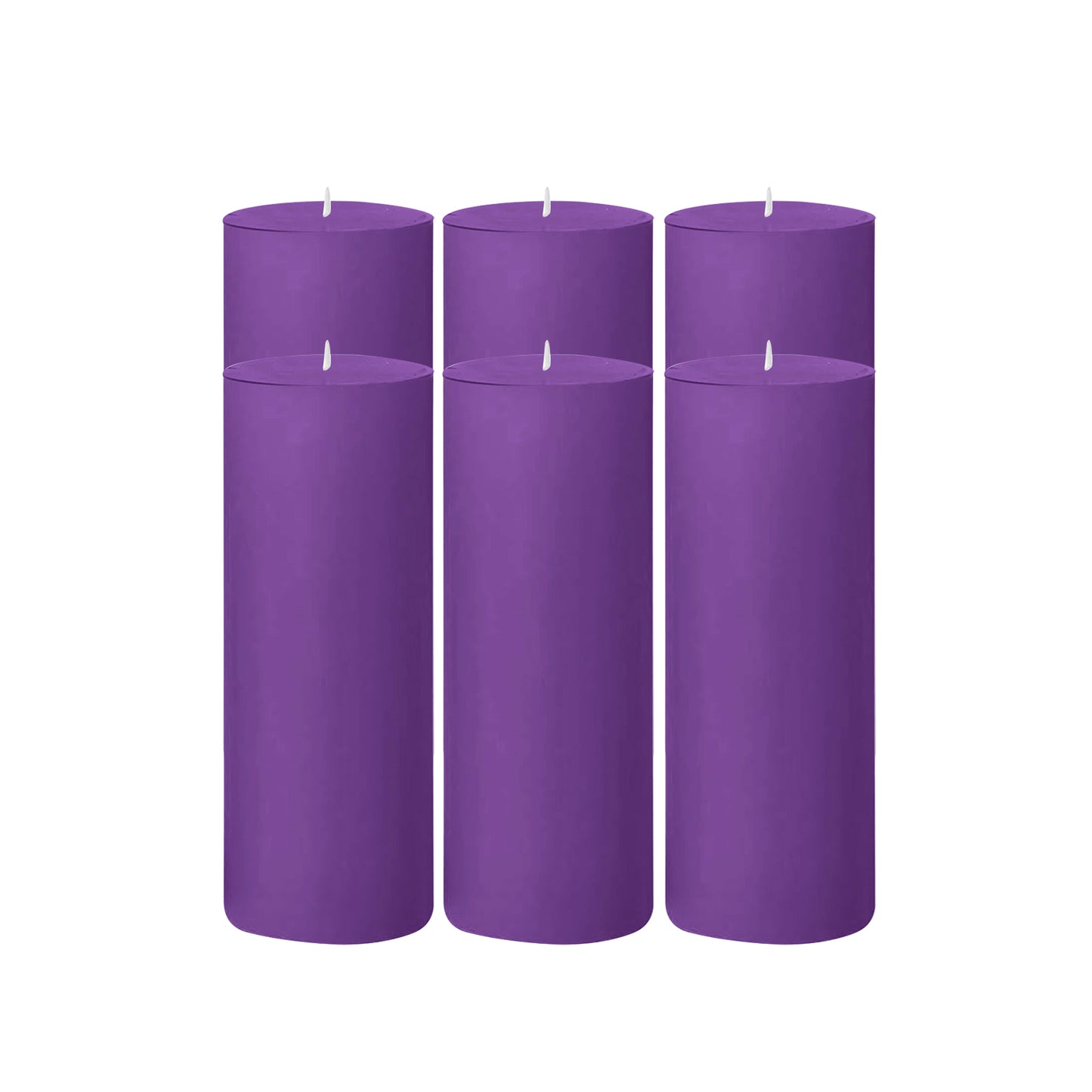 6-Pack Unscented Dripless Pillar Candles – 3"x9" Purple Paraffin Wax with Smokeless Cotton Wicks, Clean & Long-Lasting 90-Hour Burn