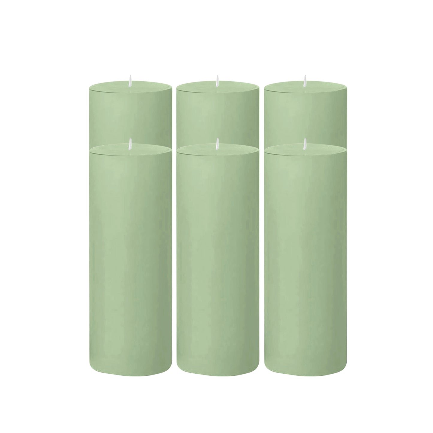 6-Pack Unscented Dripless Pillar Candles – 3"x9" Sage Green Paraffin Wax with Smokeless Cotton Wicks, Clean & Long-Lasting 90-Hour Burn