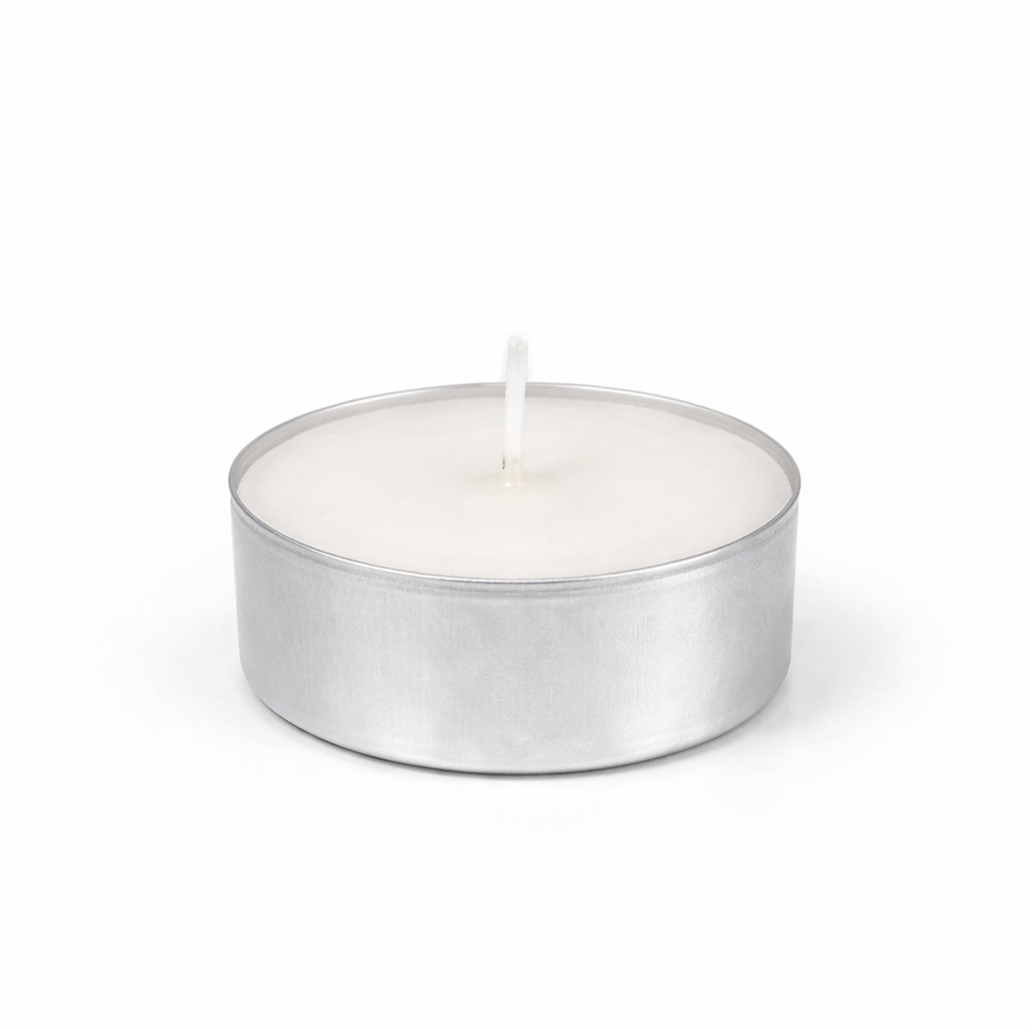 White tealight candle in a metal cup, unscented and clean burning.